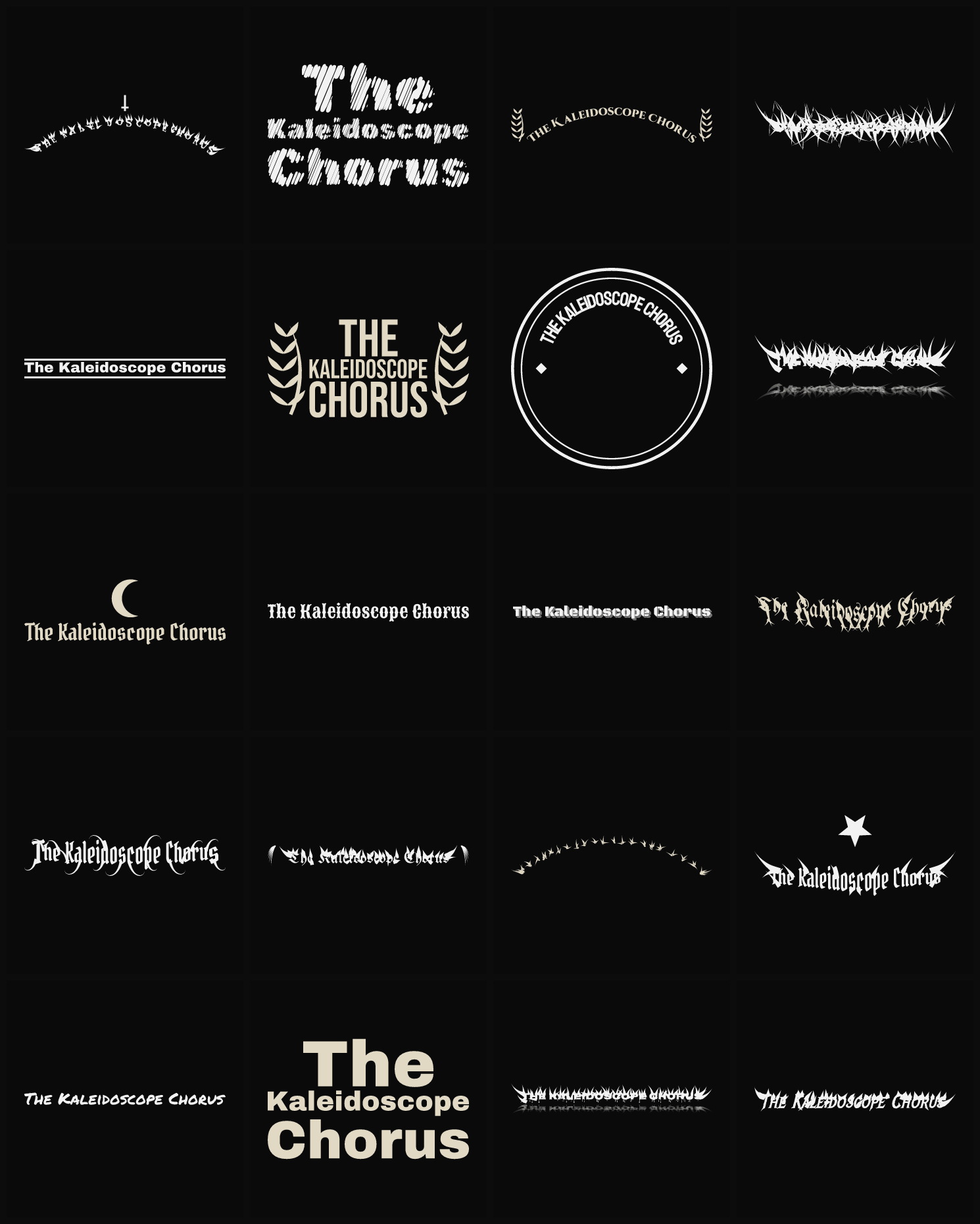 Twenty The Kaleidoscope Chorus band logo ideas — different faces, treatments and spike settings