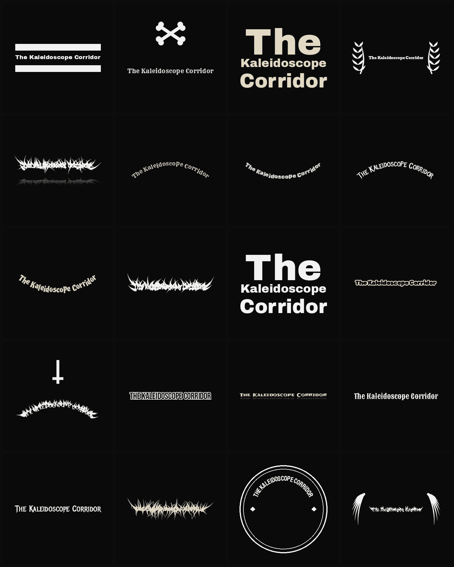 Twenty The Kaleidoscope Corridor band logo ideas — different faces, treatments and spike settings