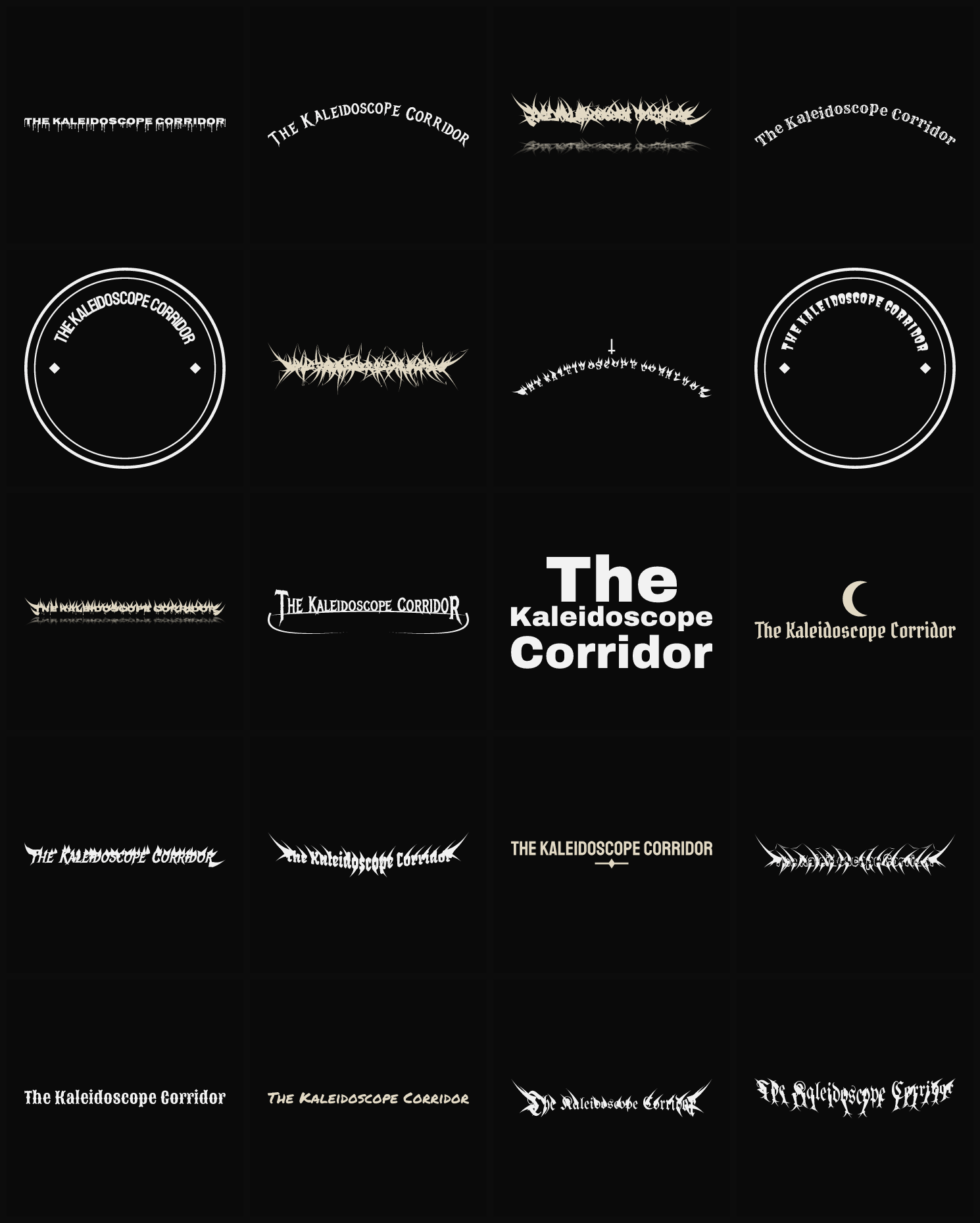 Twenty The Kaleidoscope Corridor band logo ideas — different faces, treatments and spike settings
