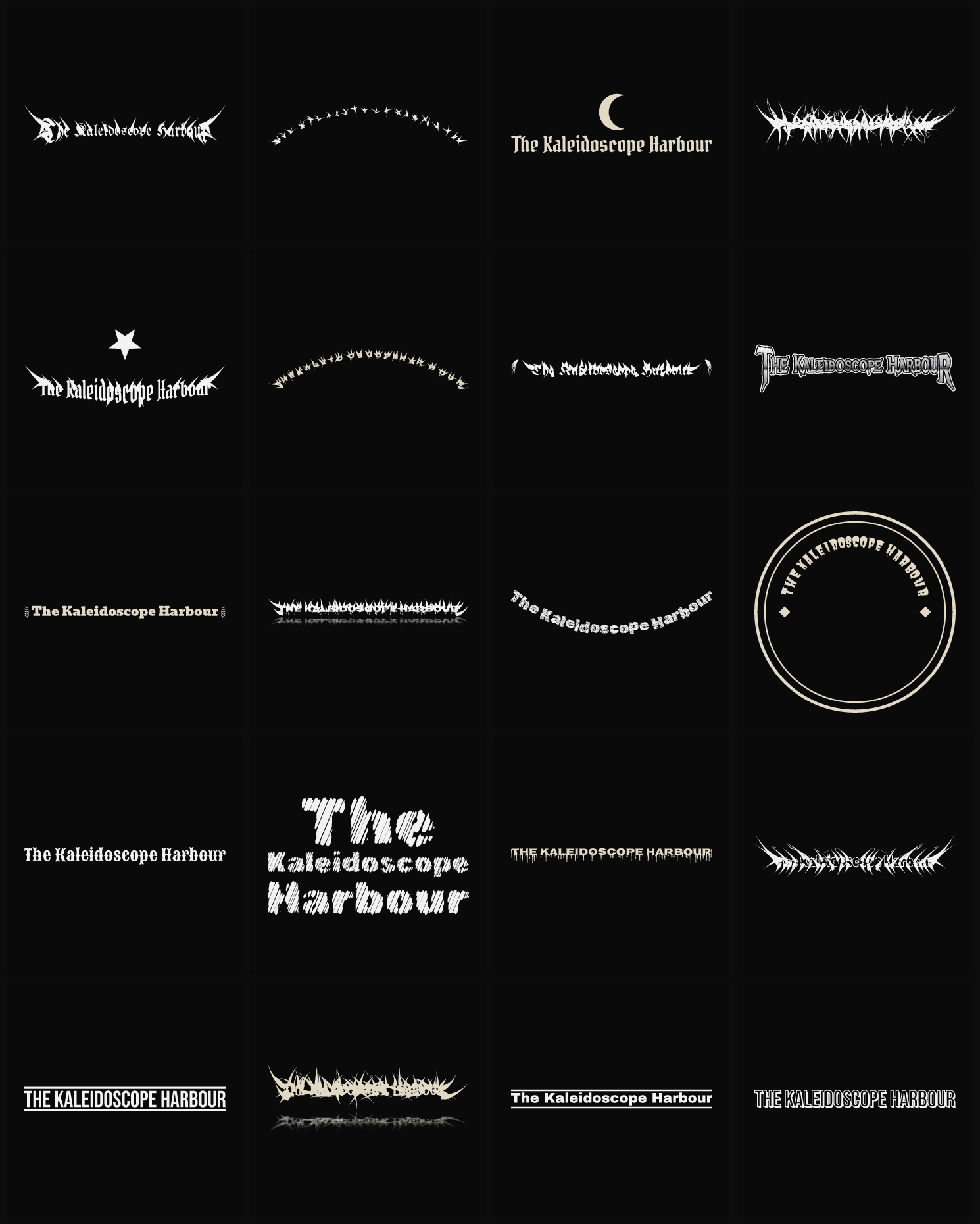 Twenty The Kaleidoscope Harbour band logo ideas — different faces, treatments and spike settings