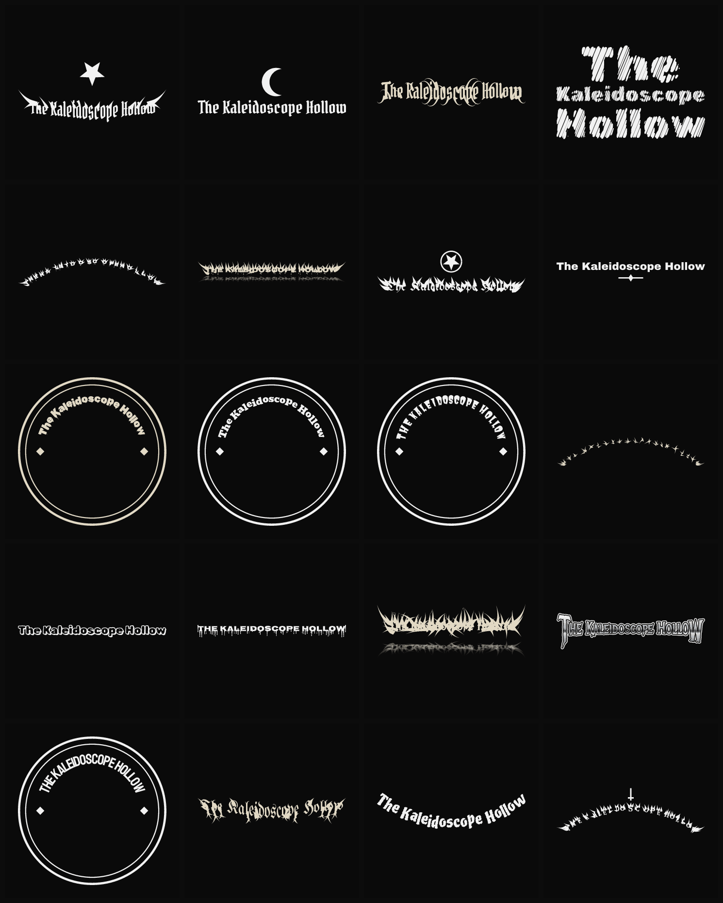Twenty The Kaleidoscope Hollow band logo ideas — different faces, treatments and spike settings