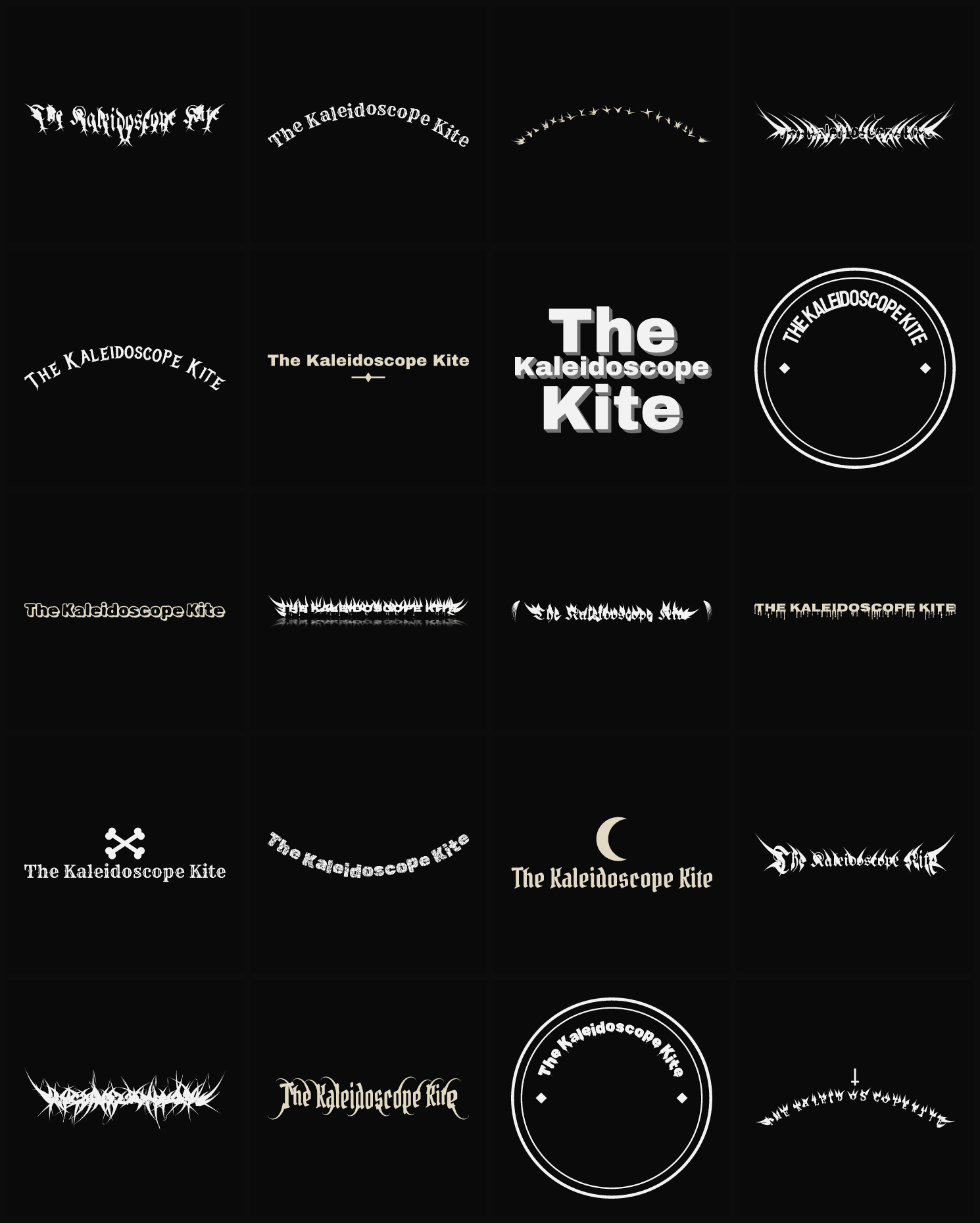 Twenty The Kaleidoscope Kite band logo ideas — different faces, treatments and spike settings