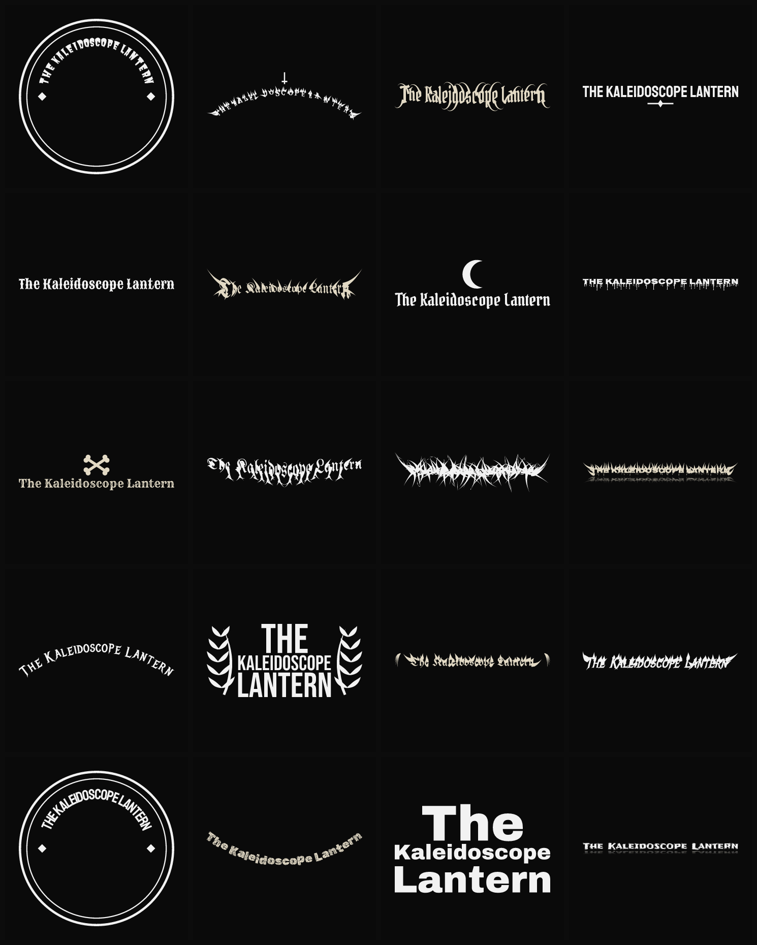 Twenty The Kaleidoscope Lantern band logo ideas — different faces, treatments and spike settings