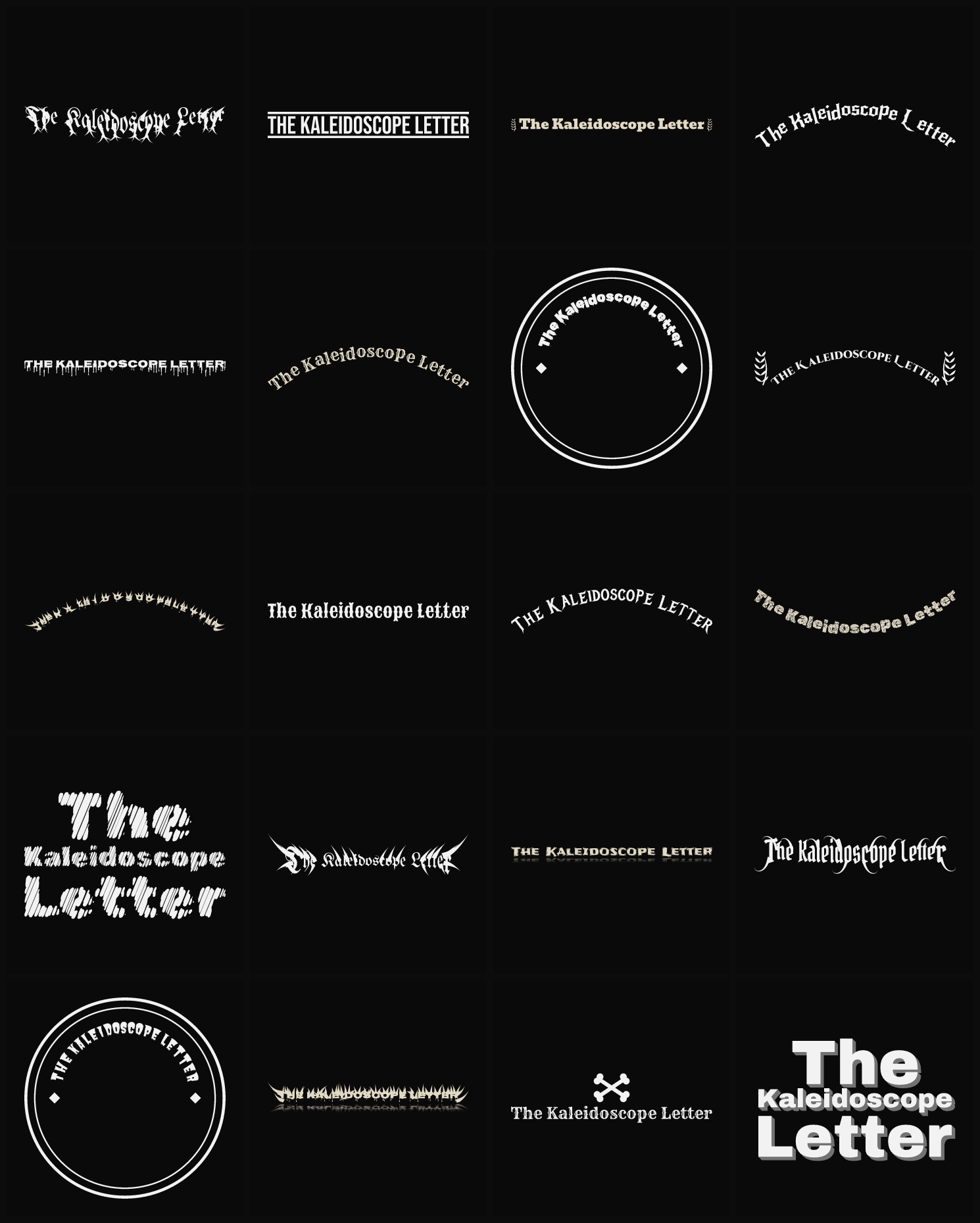 Twenty The Kaleidoscope Letter band logo ideas — different faces, treatments and spike settings