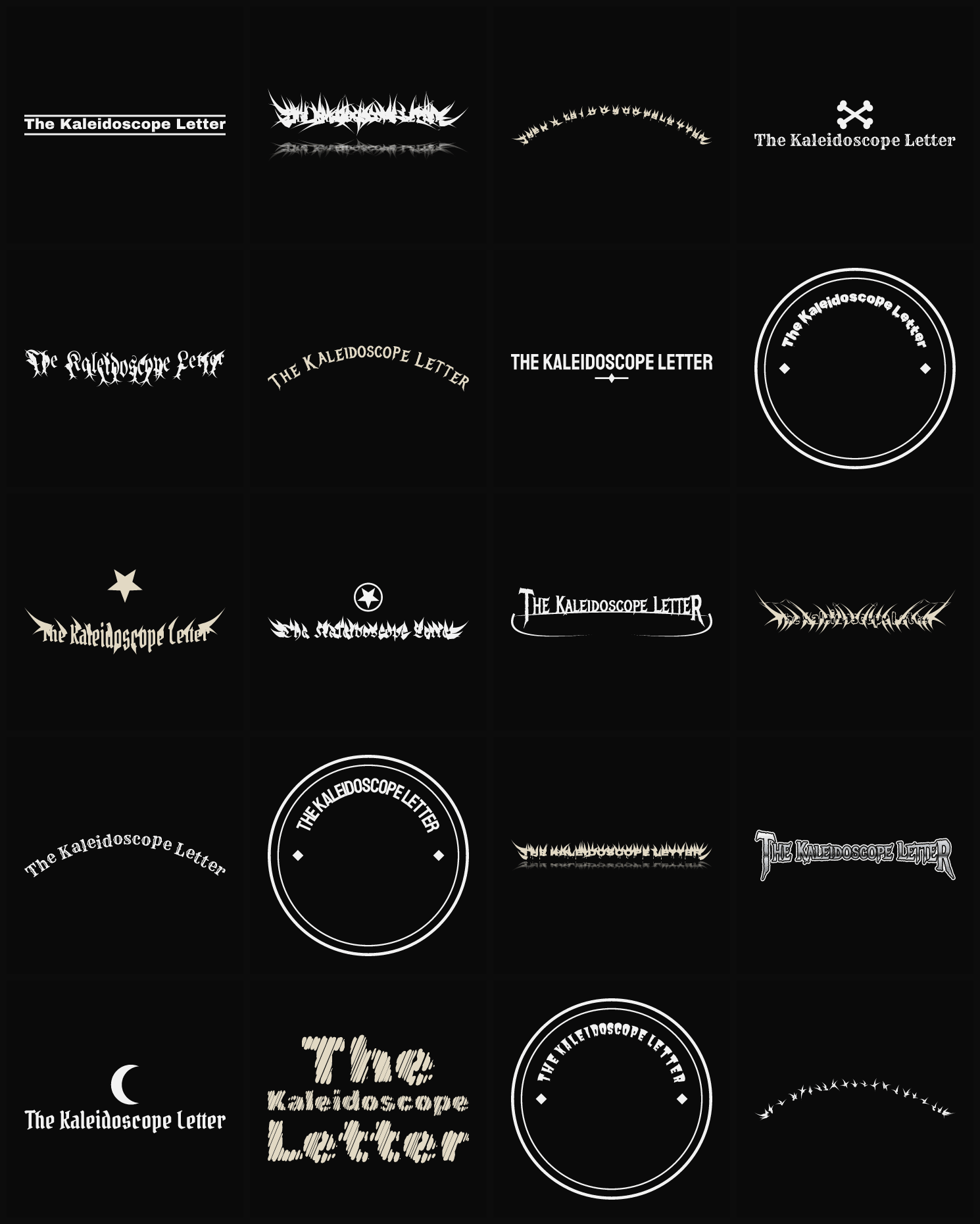 Twenty The Kaleidoscope Letter band logo ideas — different faces, treatments and spike settings