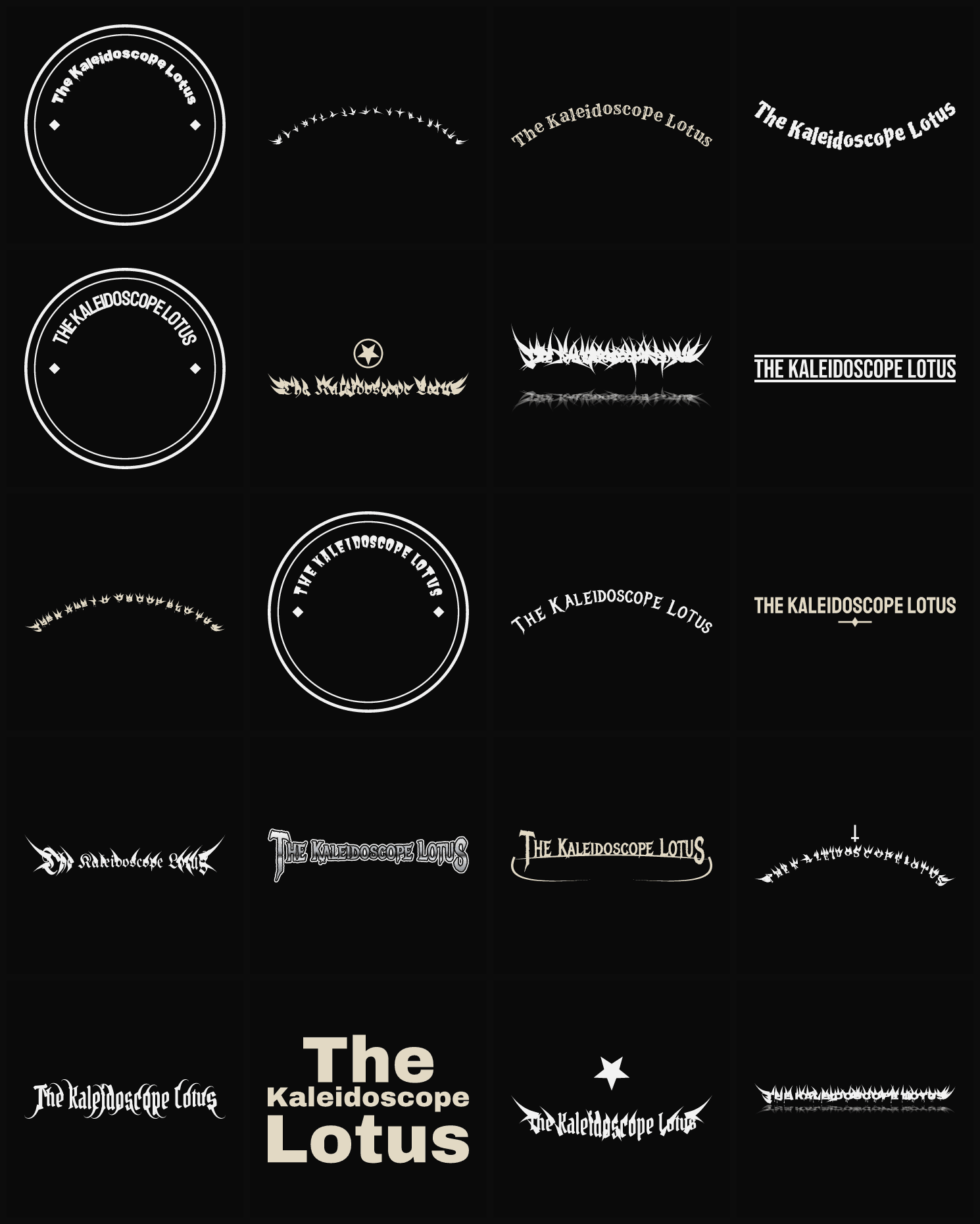 Twenty The Kaleidoscope Lotus band logo ideas — different faces, treatments and spike settings