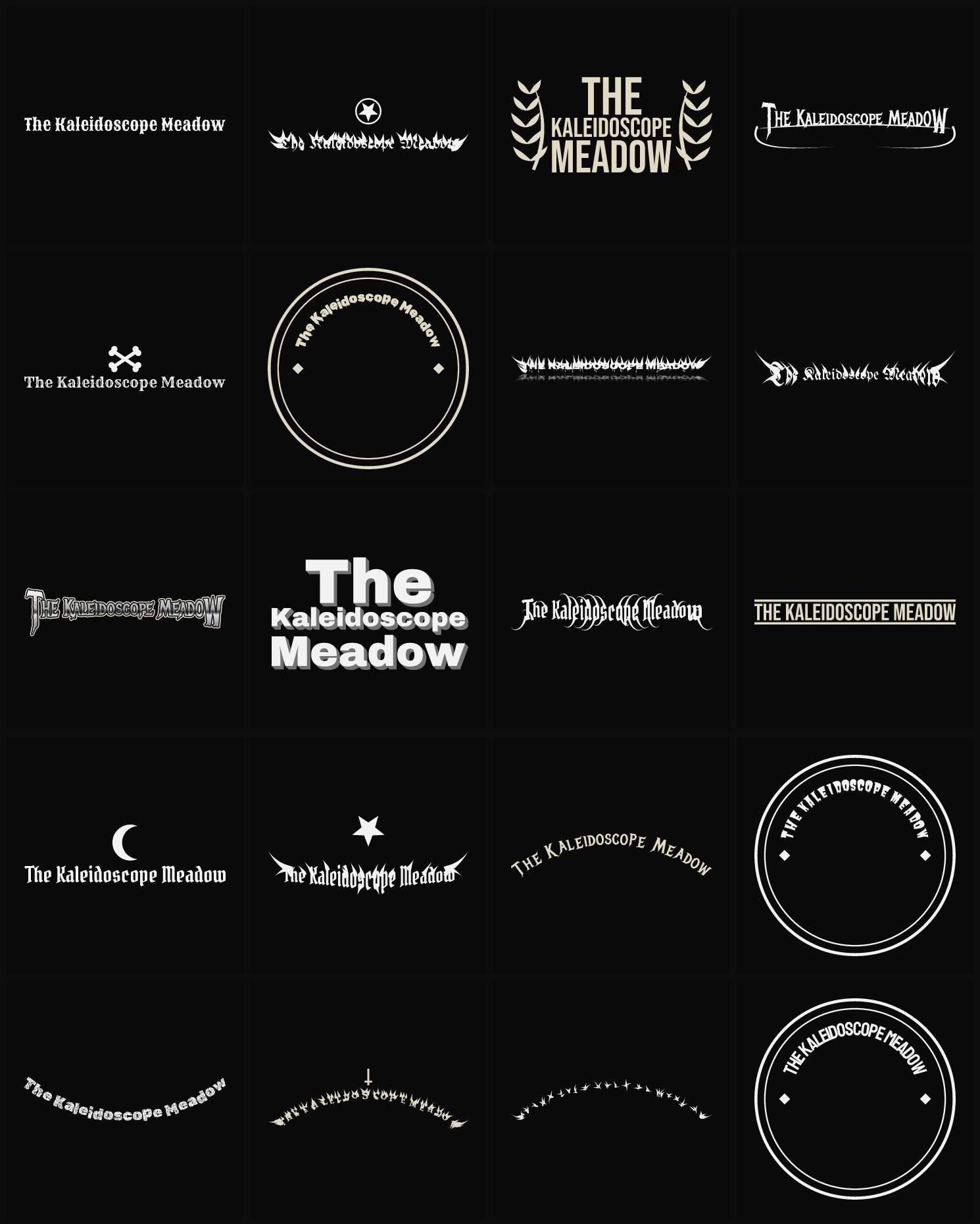 Twenty The Kaleidoscope Meadow band logo ideas — different faces, treatments and spike settings