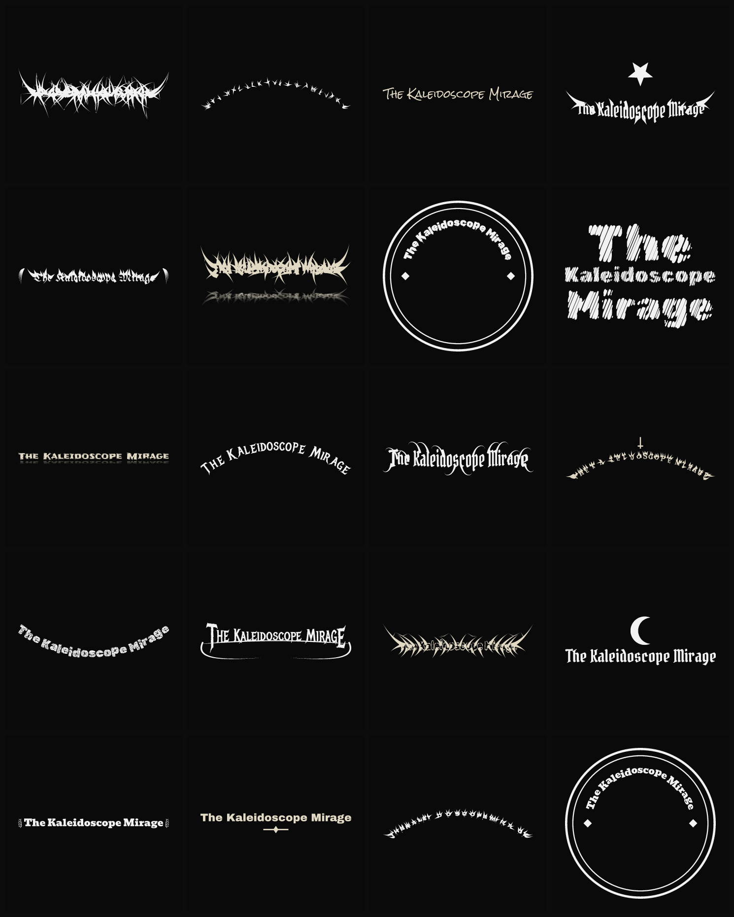 Twenty The Kaleidoscope Mirage band logo ideas — different faces, treatments and spike settings