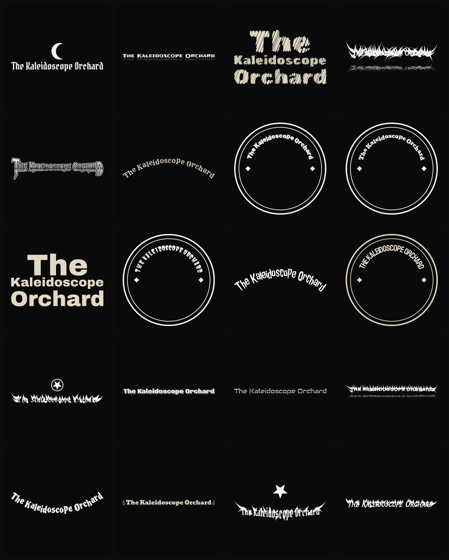 Twenty The Kaleidoscope Orchard band logo ideas — different faces, treatments and spike settings