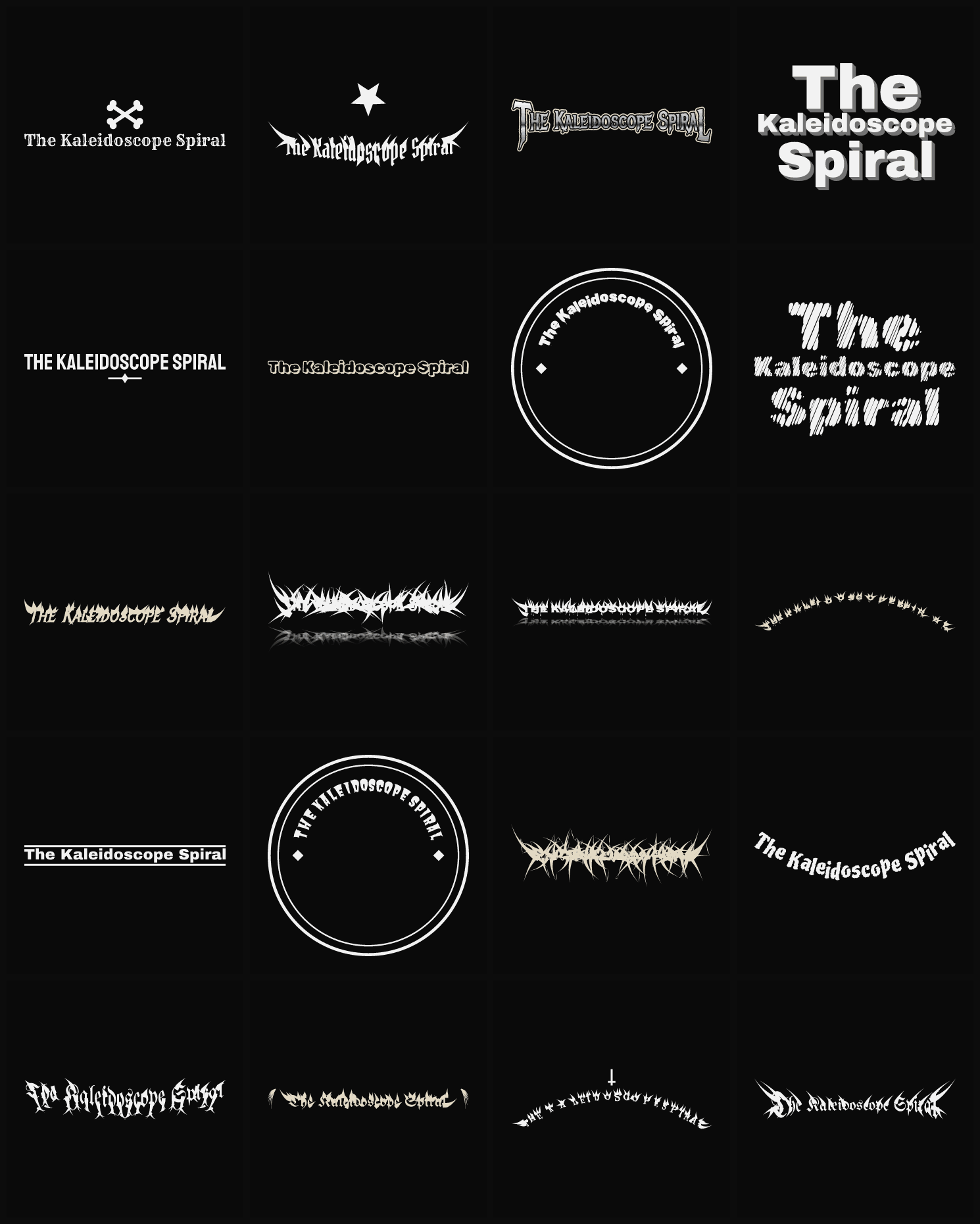 Twenty The Kaleidoscope Spiral band logo ideas — different faces, treatments and spike settings