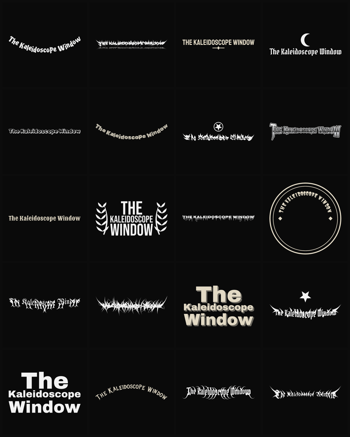 Twenty The Kaleidoscope Window band logo ideas — different faces, treatments and spike settings