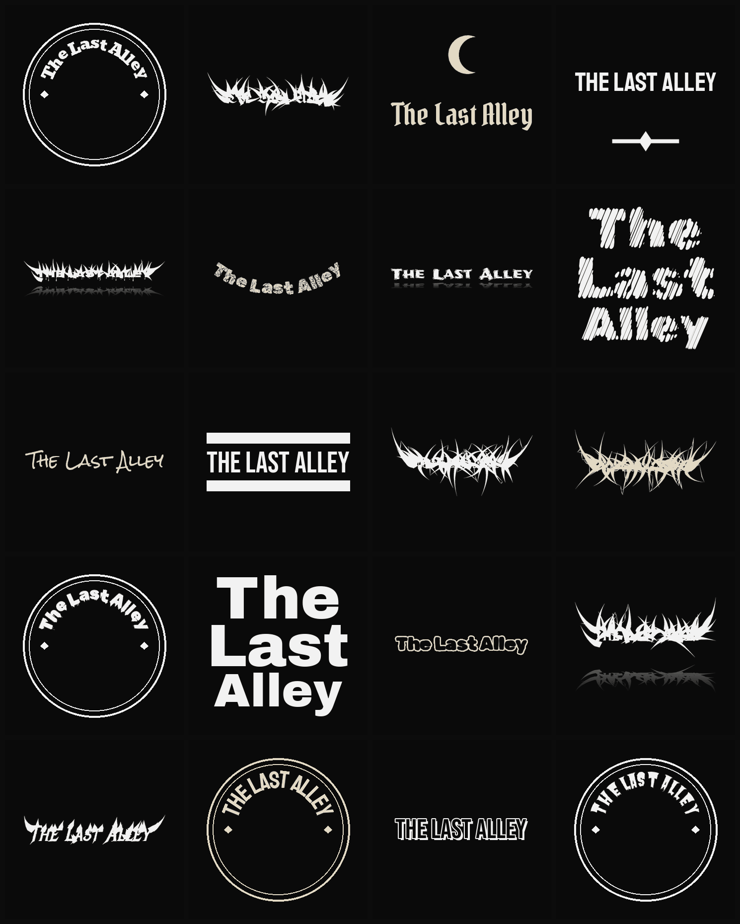 Twenty The Last Alley band logo ideas — different faces, treatments and spike settings