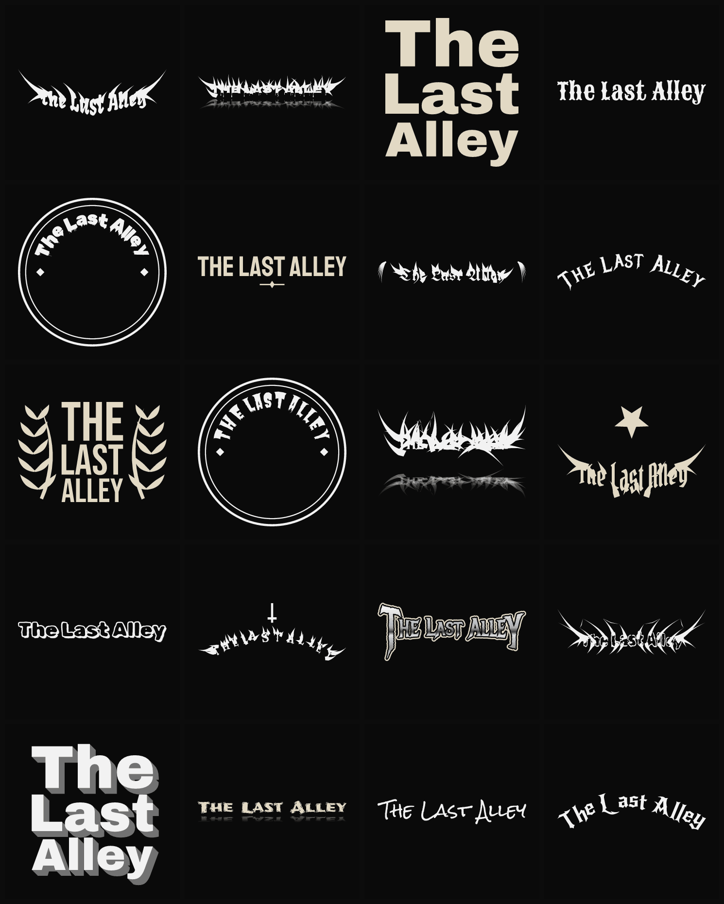 Twenty The Last Alley band logo ideas — different faces, treatments and spike settings