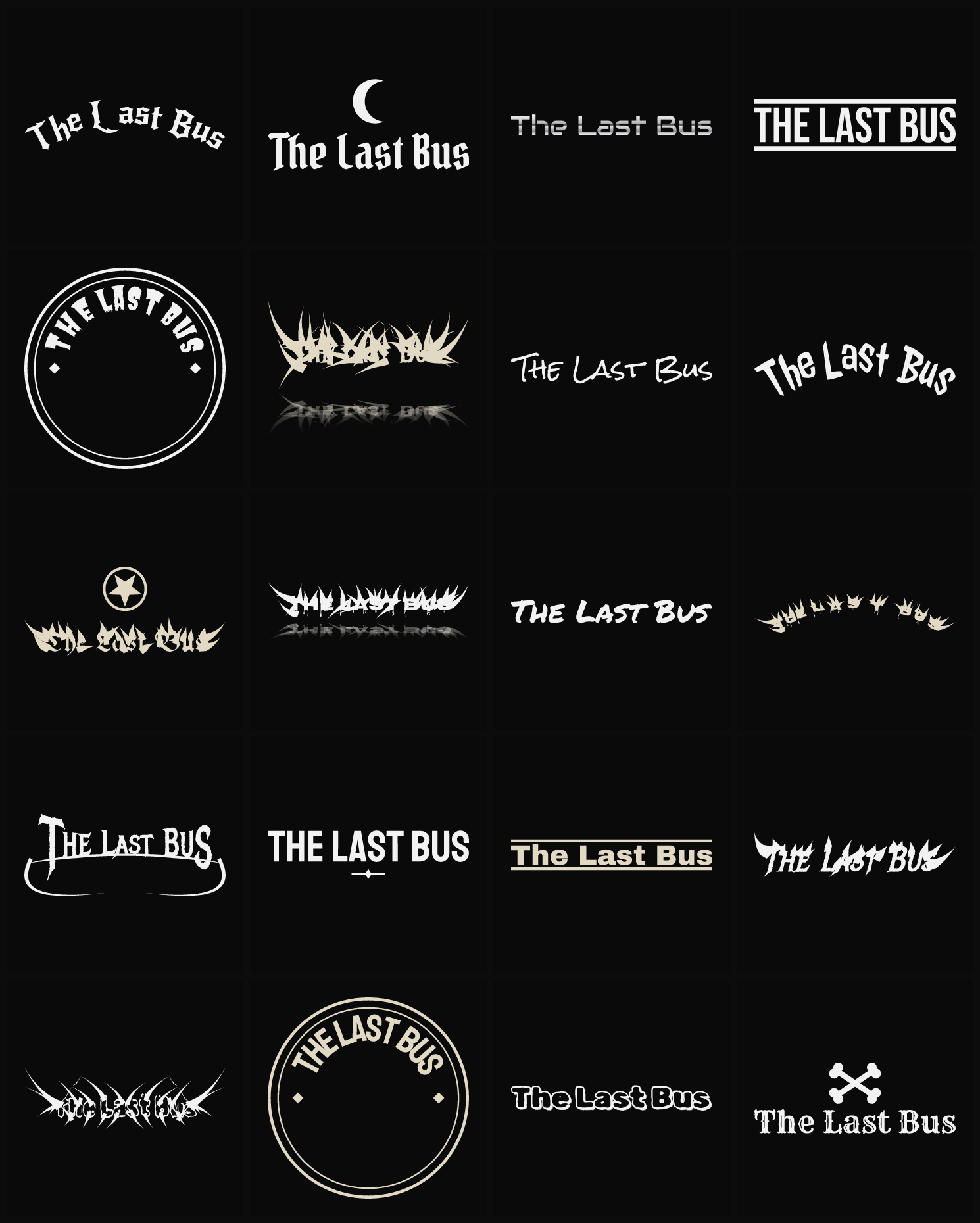 Twenty The Last Bus band logo ideas — different faces, treatments and spike settings