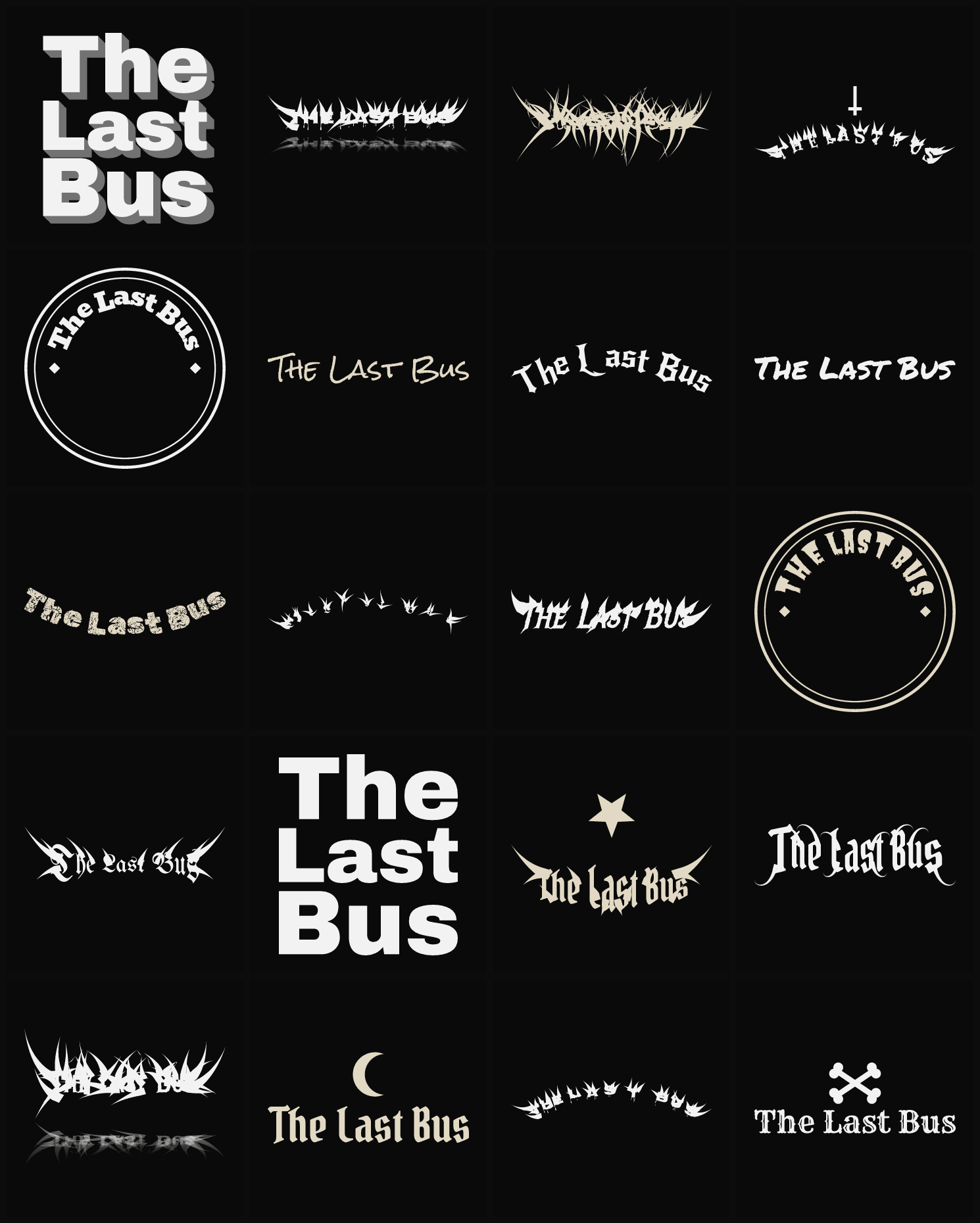 Twenty The Last Bus band logo ideas — different faces, treatments and spike settings