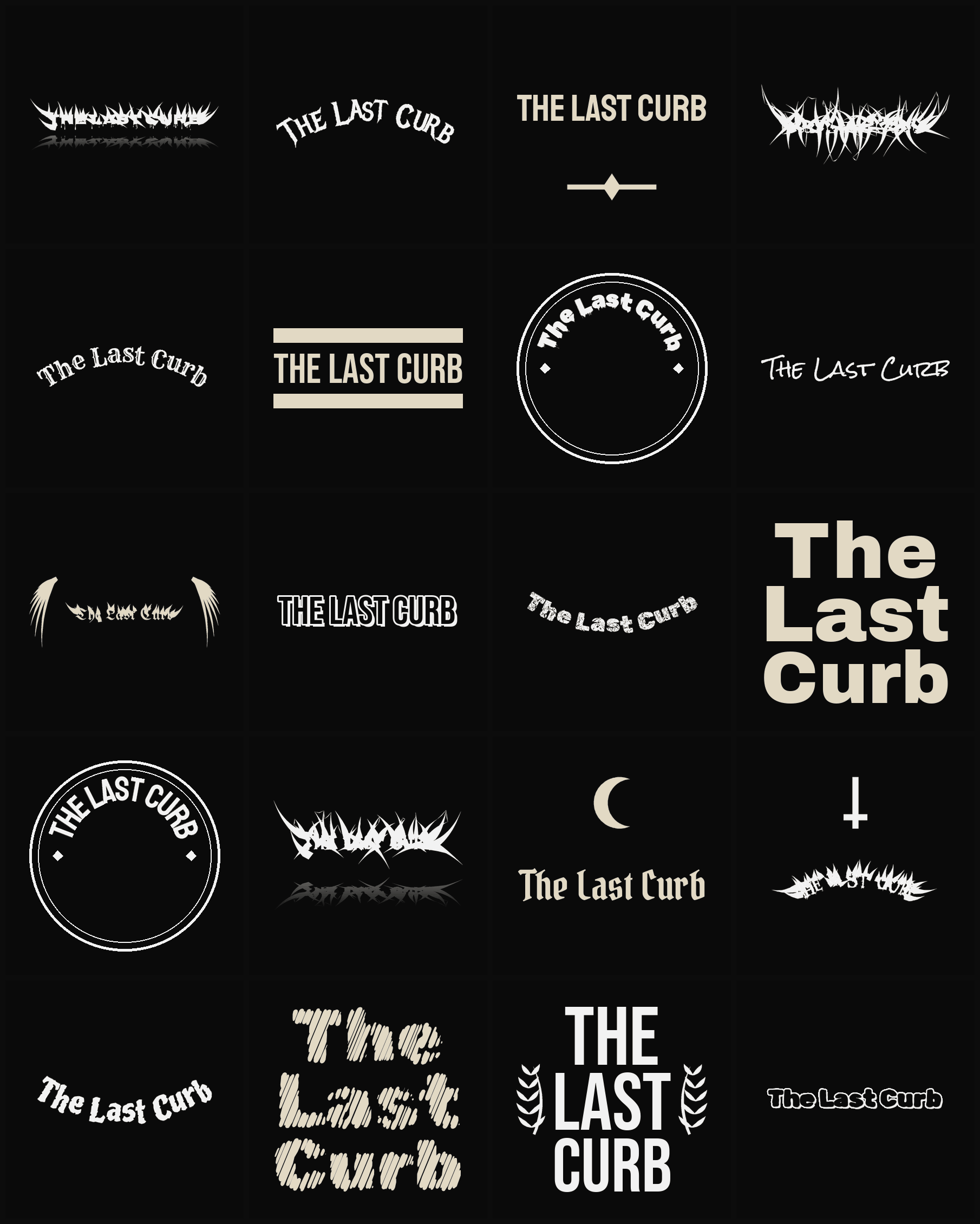 Twenty The Last Curb band logo ideas — different faces, treatments and spike settings