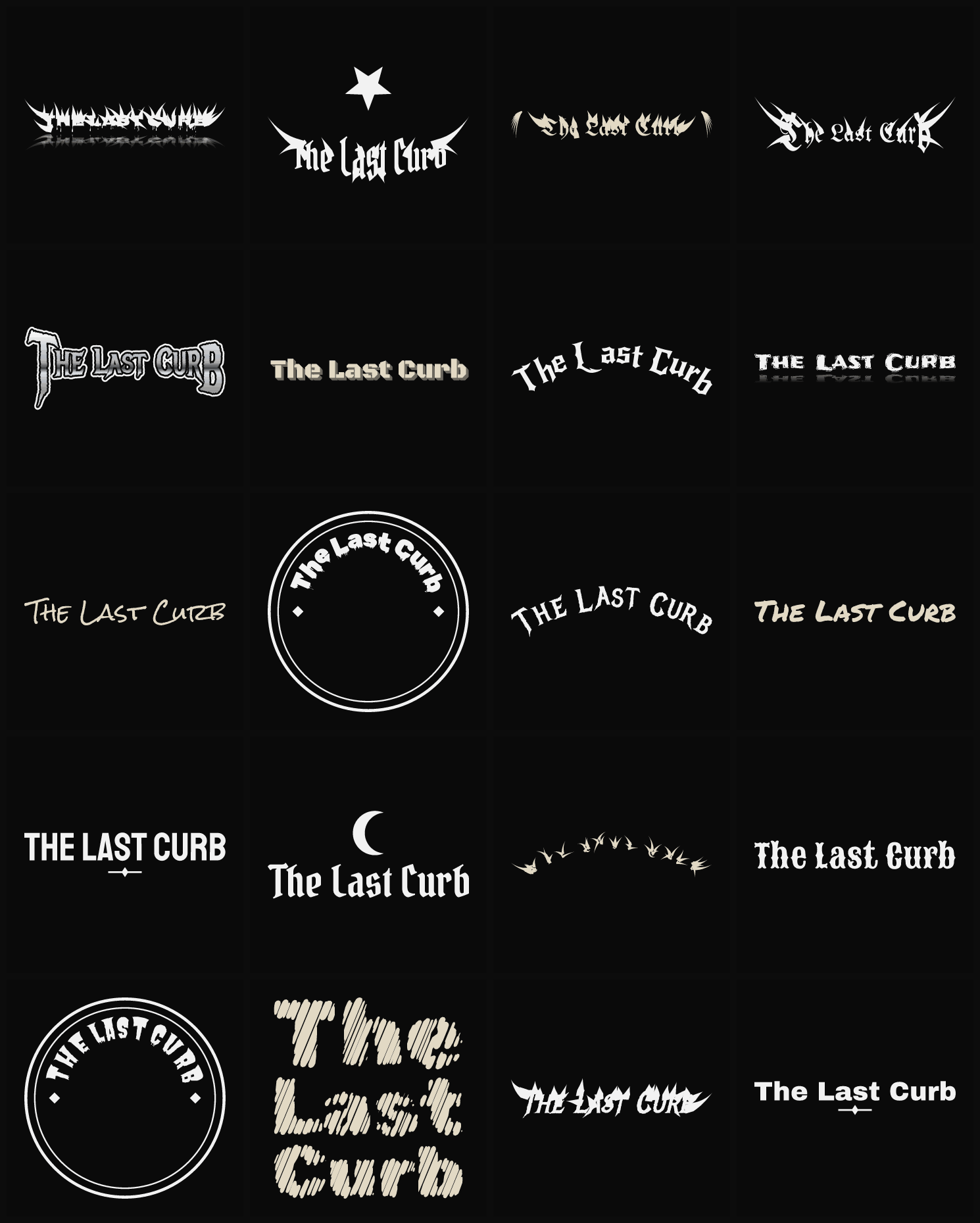 Twenty The Last Curb band logo ideas — different faces, treatments and spike settings