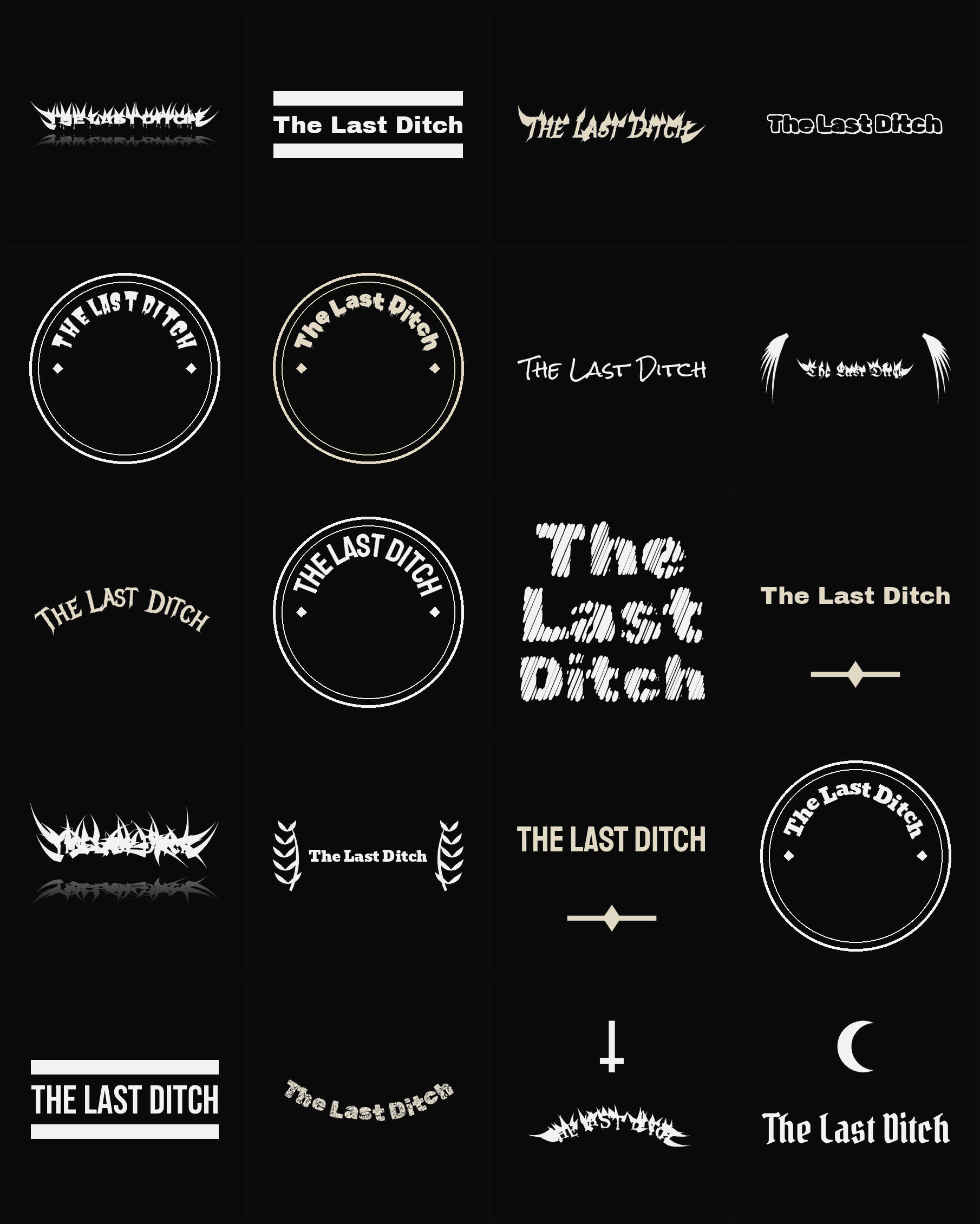 Twenty The Last Ditch band logo ideas — different faces, treatments and spike settings
