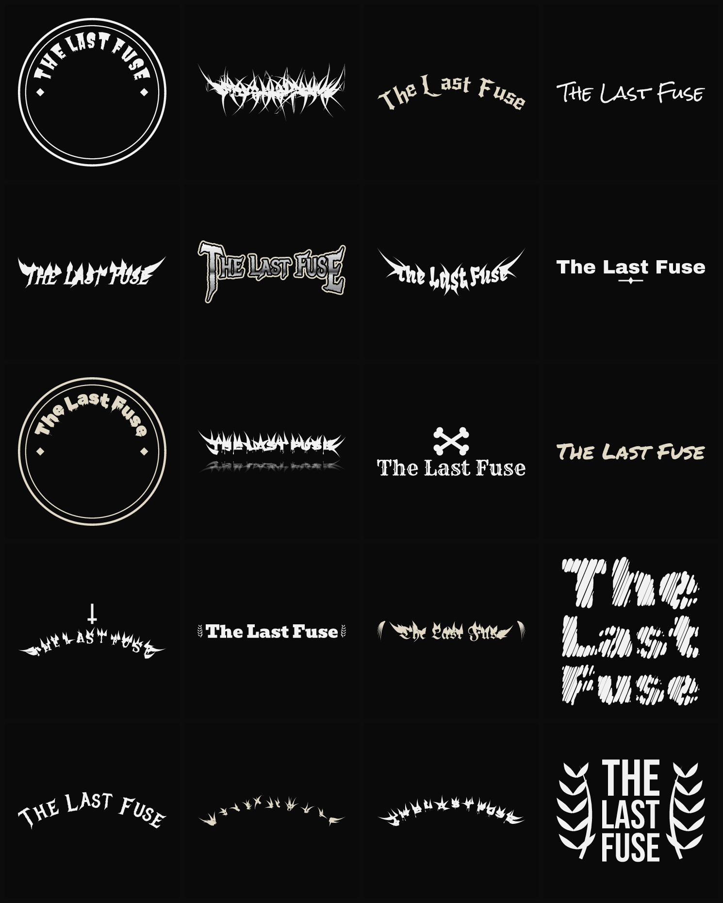 Twenty The Last Fuse band logo ideas — different faces, treatments and spike settings