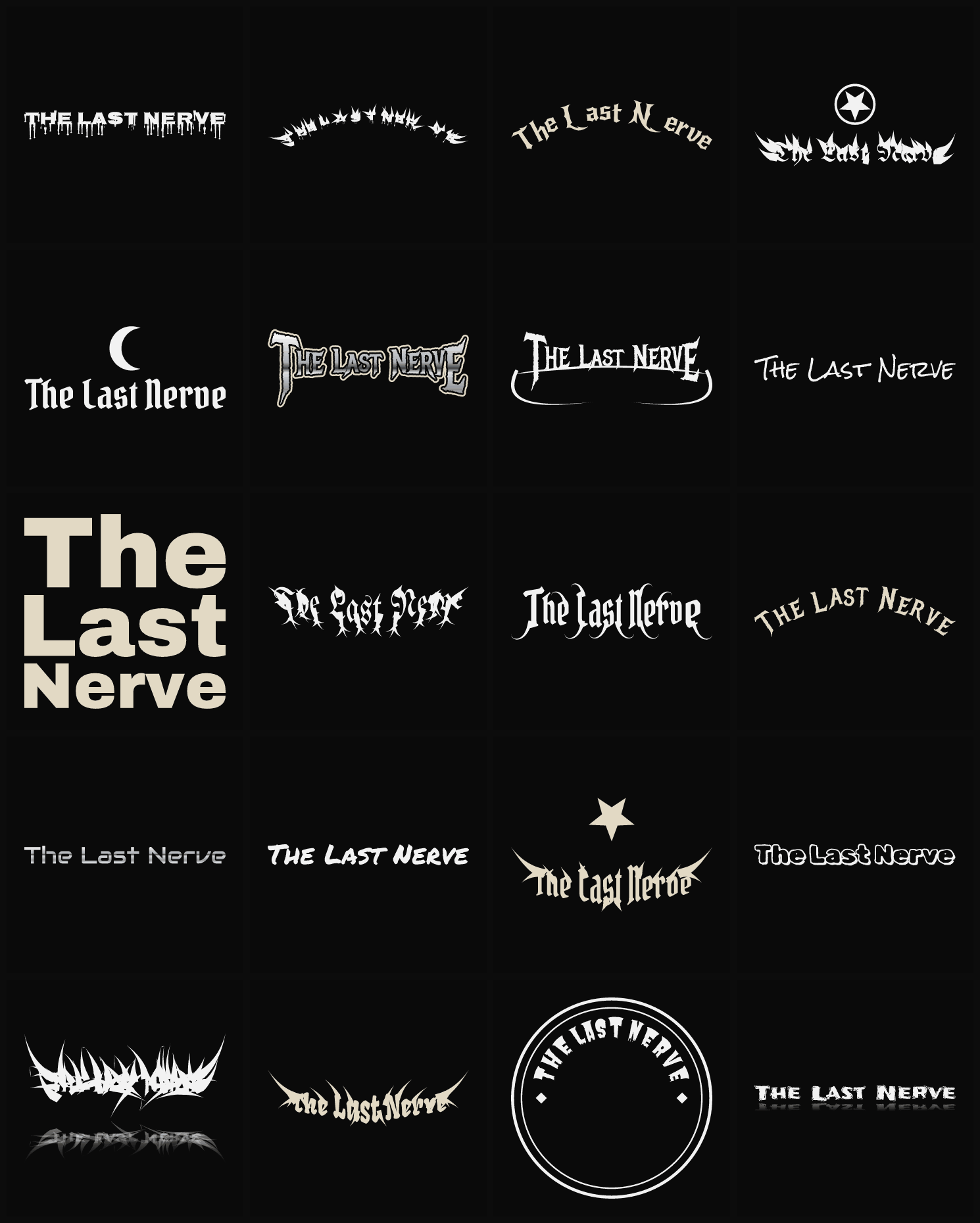 Twenty The Last Nerve band logo ideas — different faces, treatments and spike settings