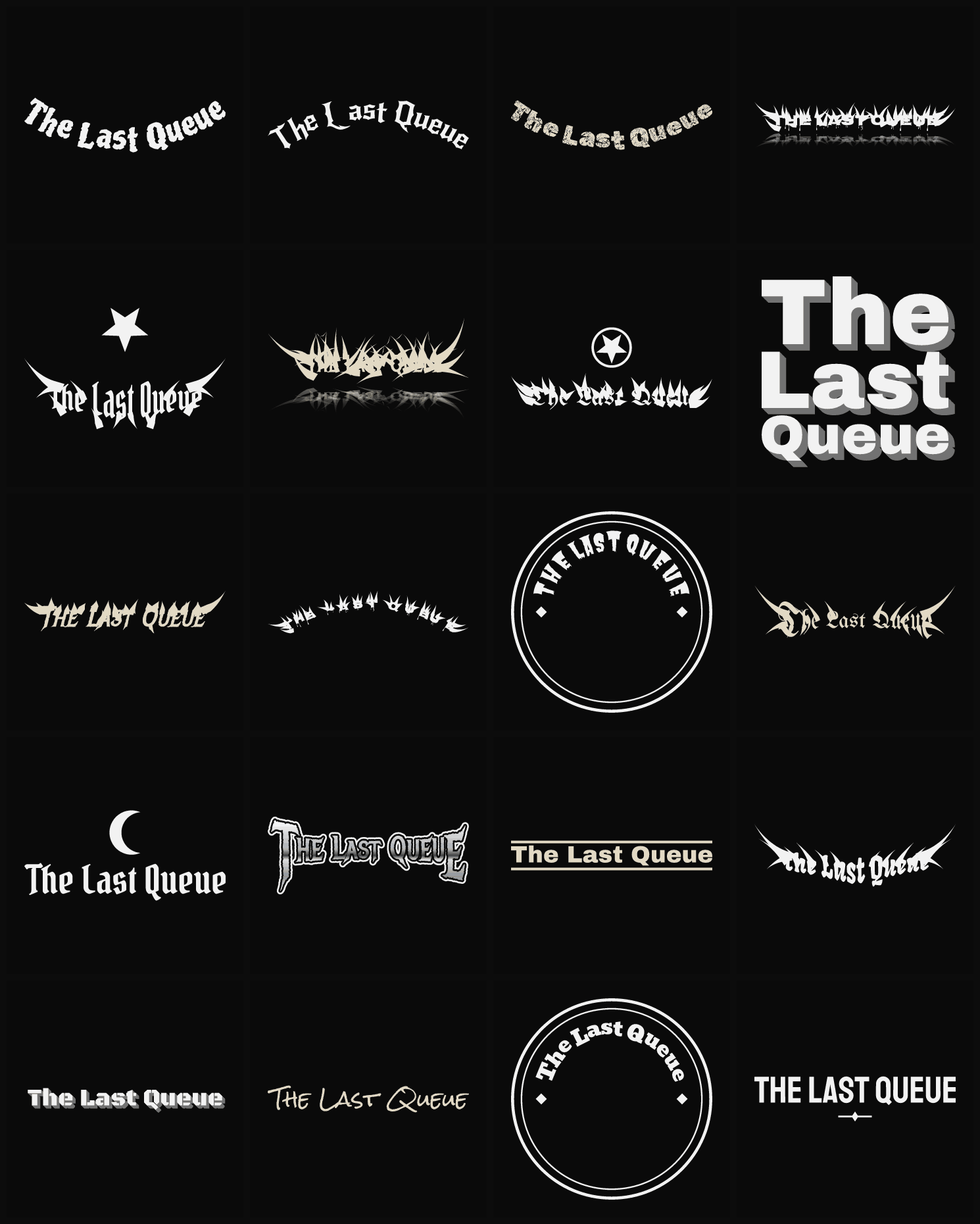 Twenty The Last Queue band logo ideas — different faces, treatments and spike settings