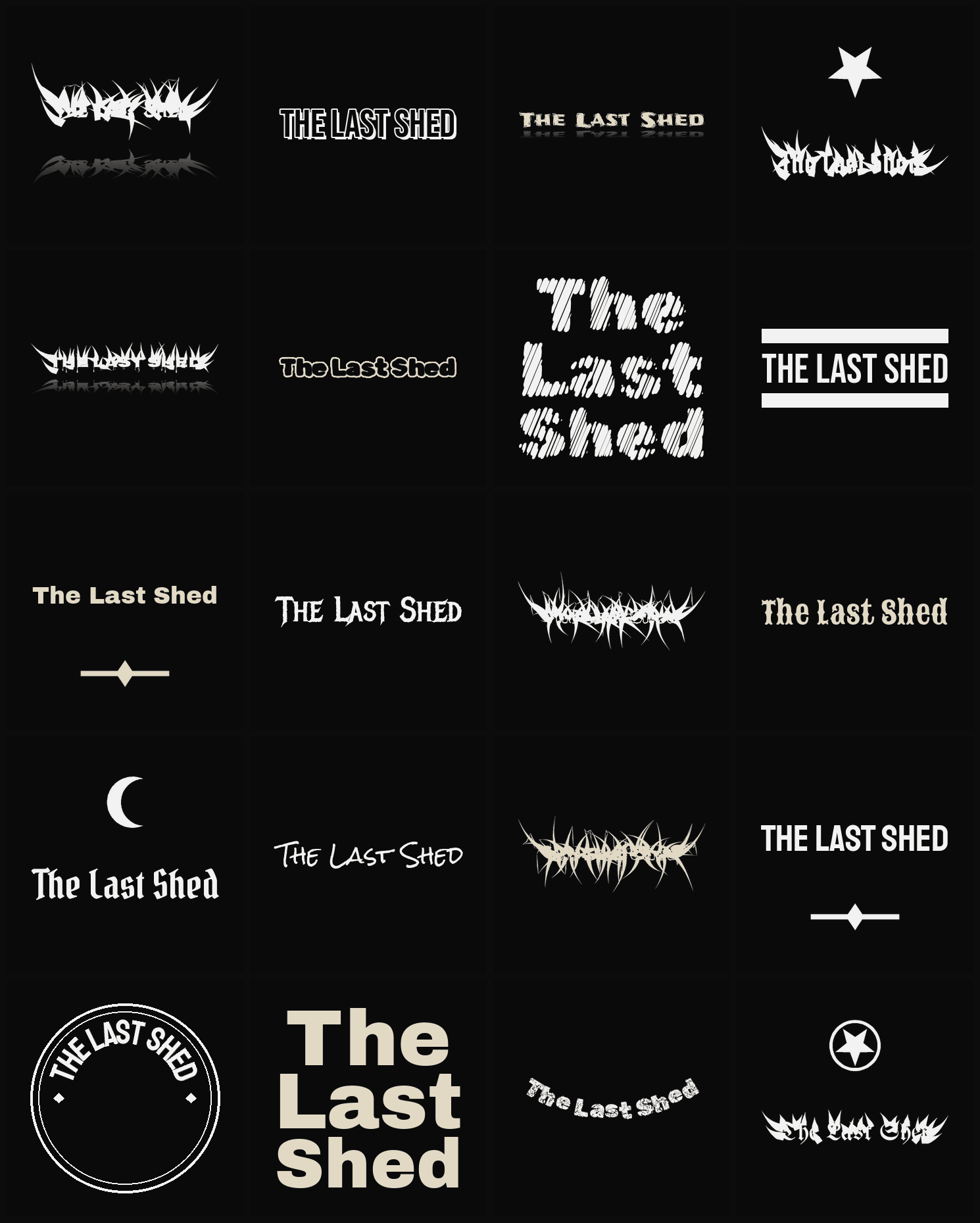 Twenty The Last Shed band logo ideas — different faces, treatments and spike settings