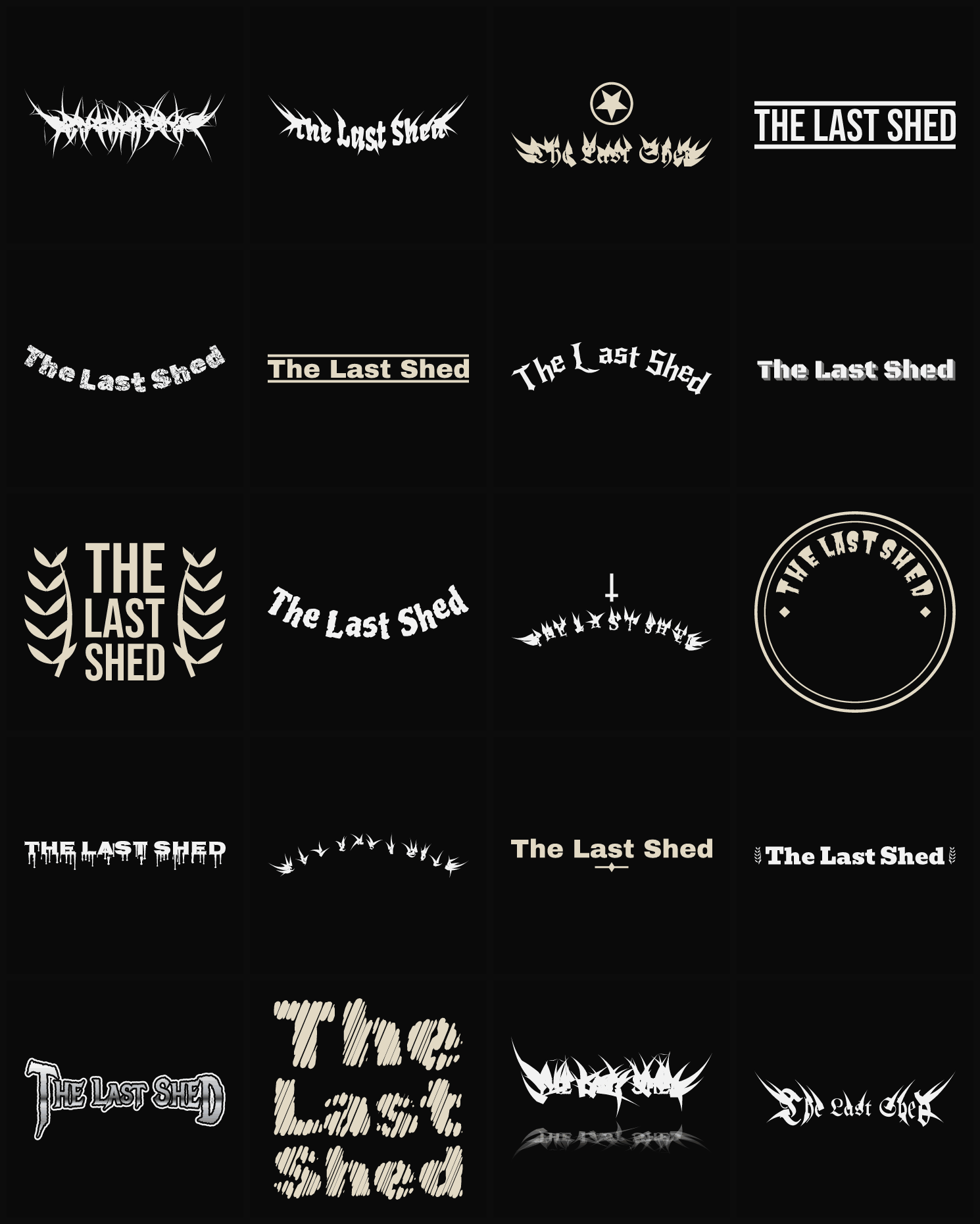 Twenty The Last Shed band logo ideas — different faces, treatments and spike settings