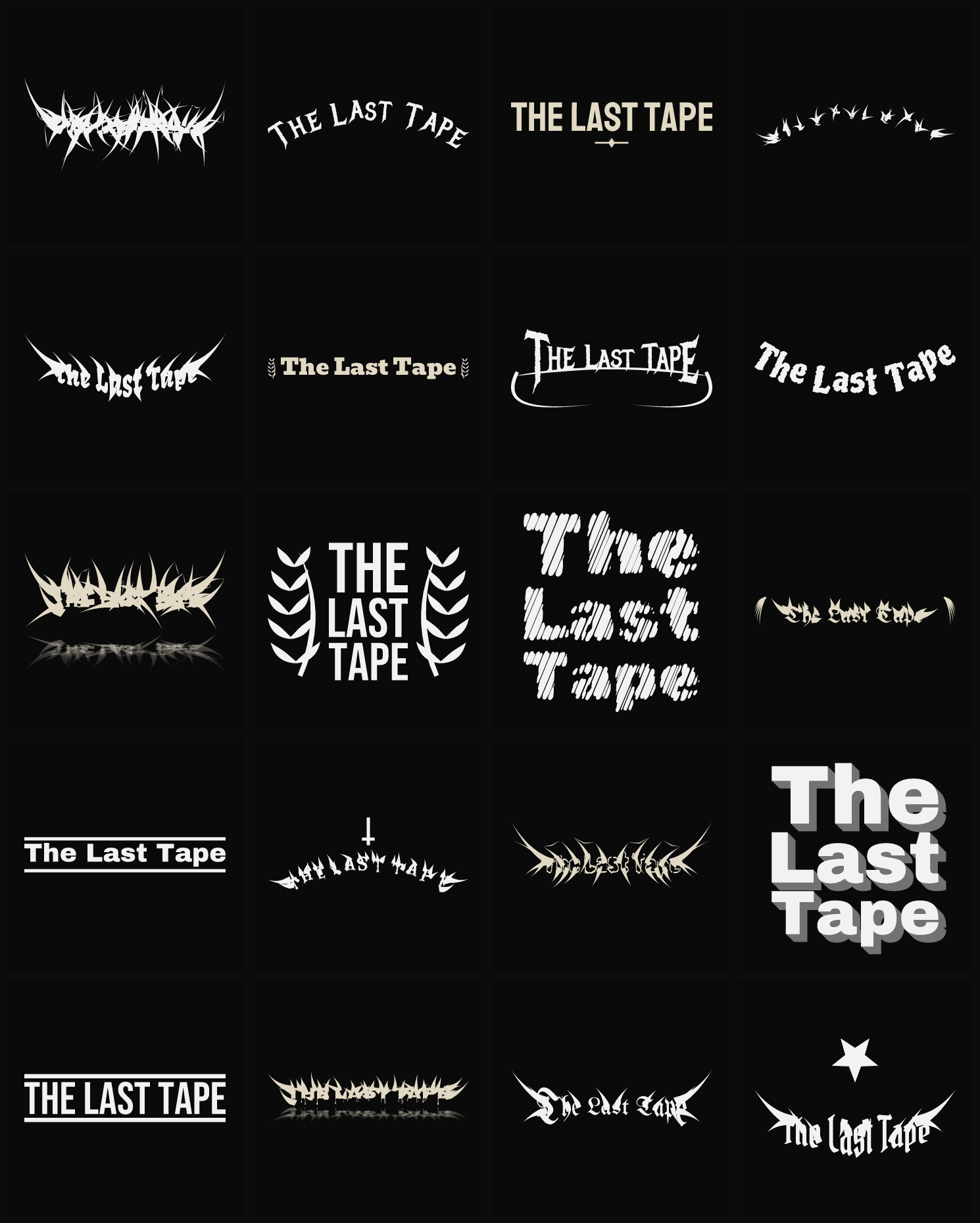 Twenty The Last Tape band logo ideas — different faces, treatments and spike settings