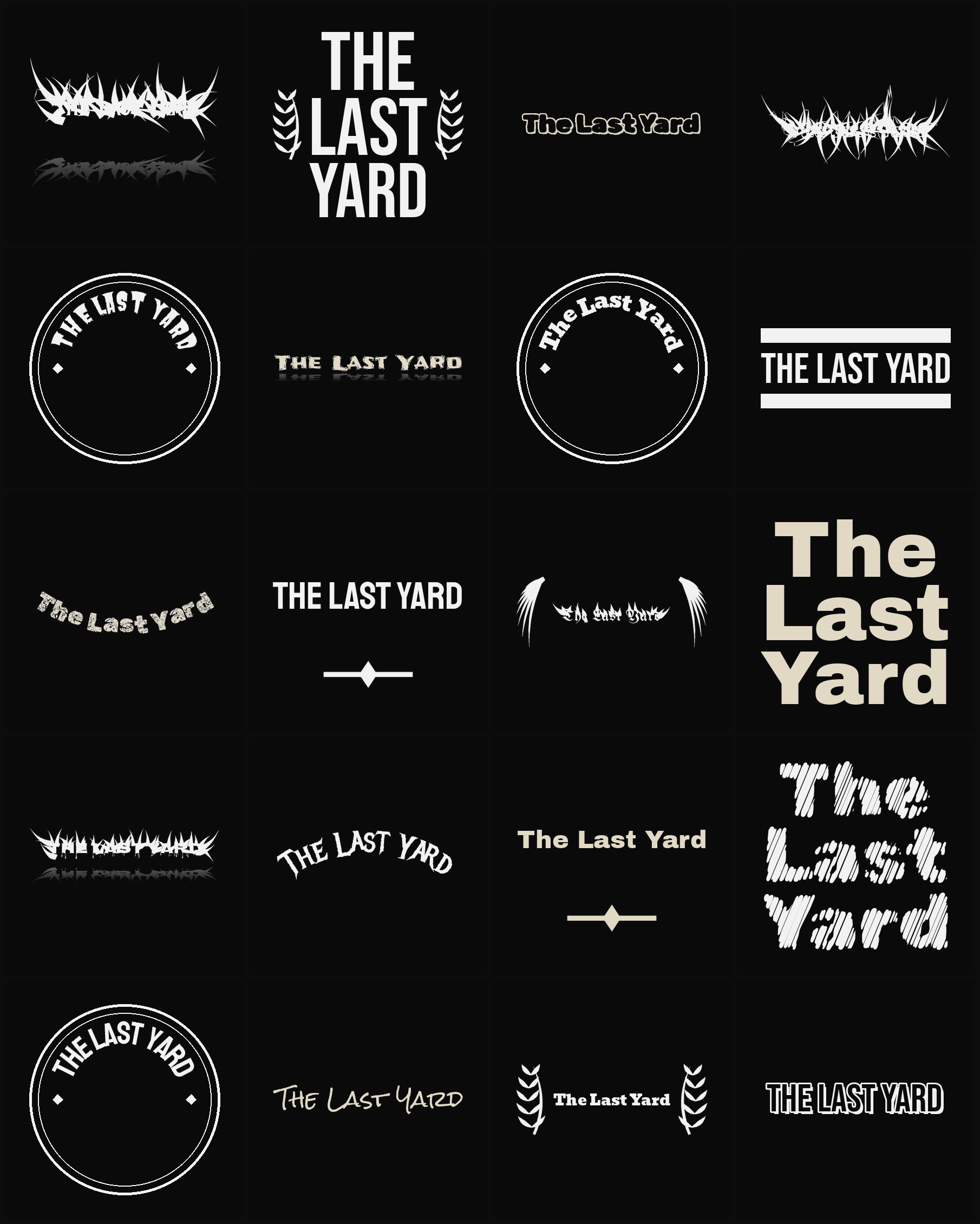 Twenty The Last Yard band logo ideas — different faces, treatments and spike settings