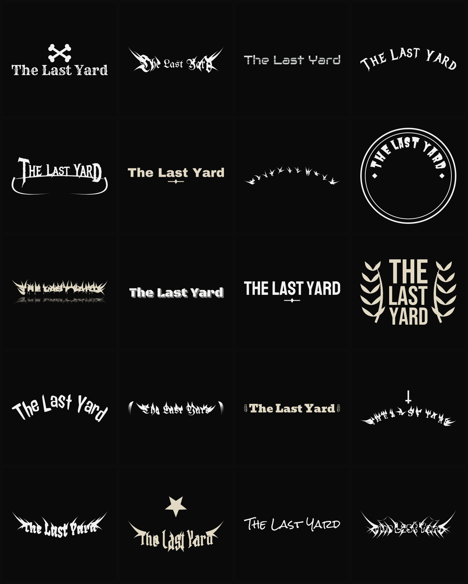 Twenty The Last Yard band logo ideas — different faces, treatments and spike settings