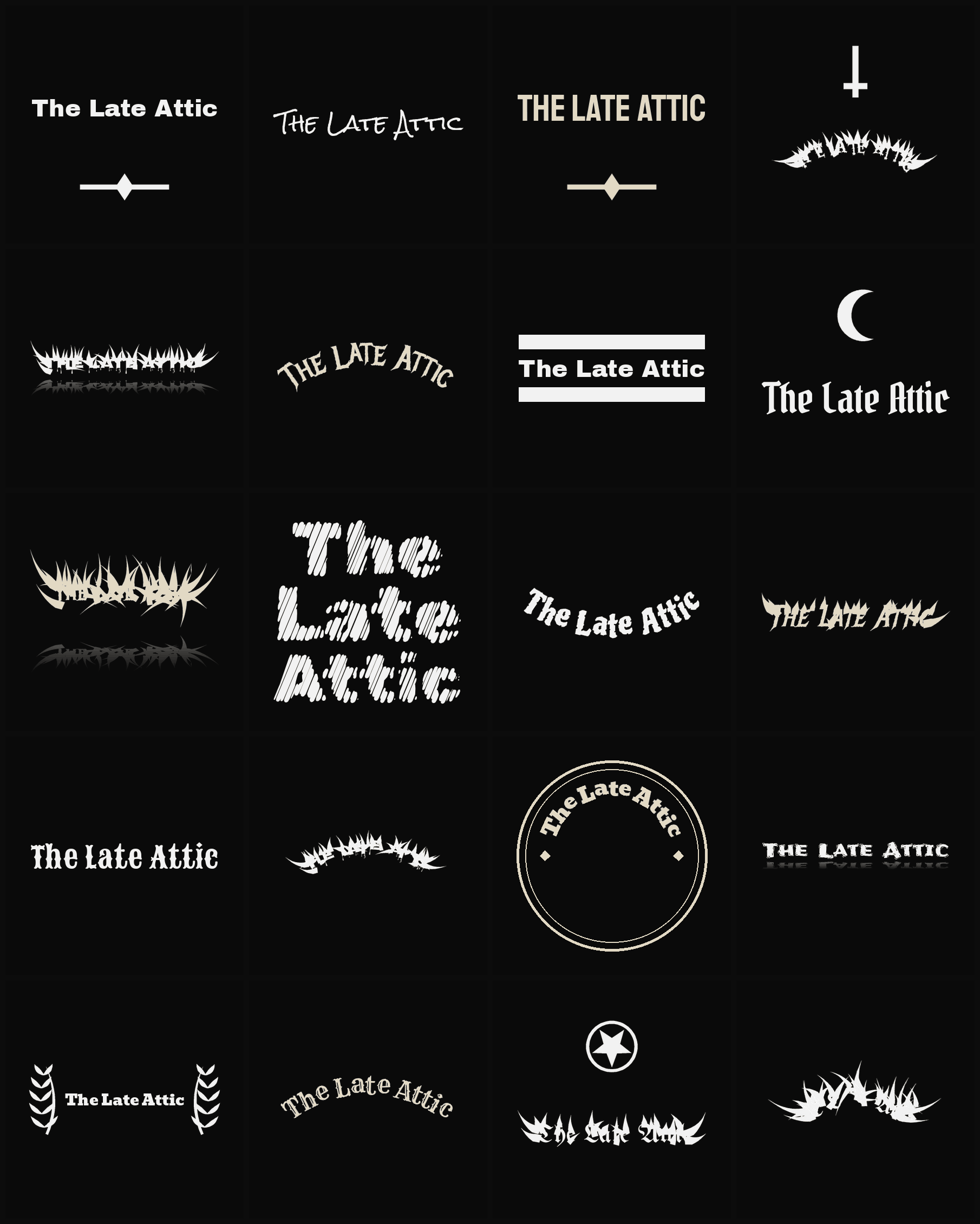 Twenty The Late Attic band logo ideas — different faces, treatments and spike settings