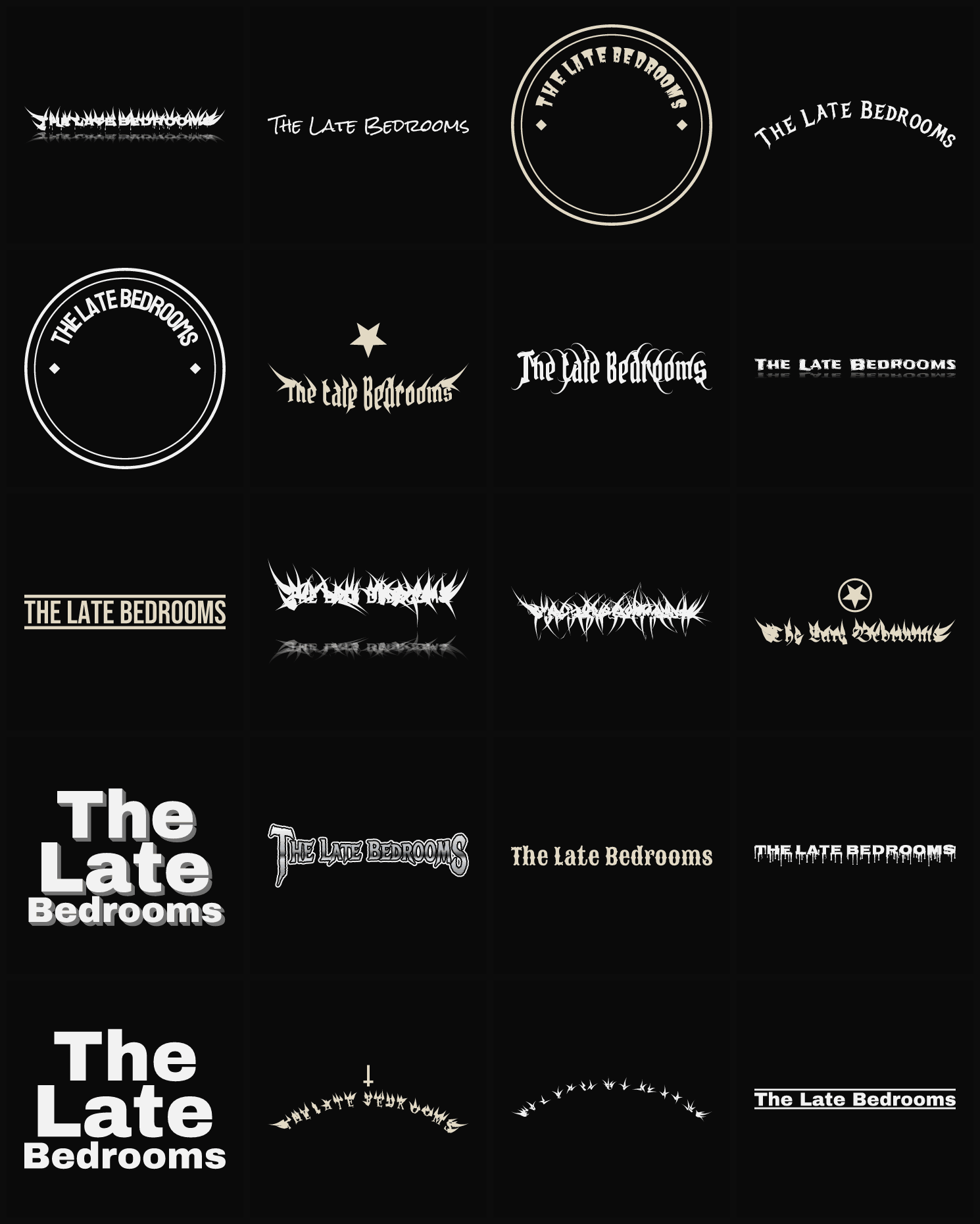 Twenty The Late Bedrooms band logo ideas — different faces, treatments and spike settings
