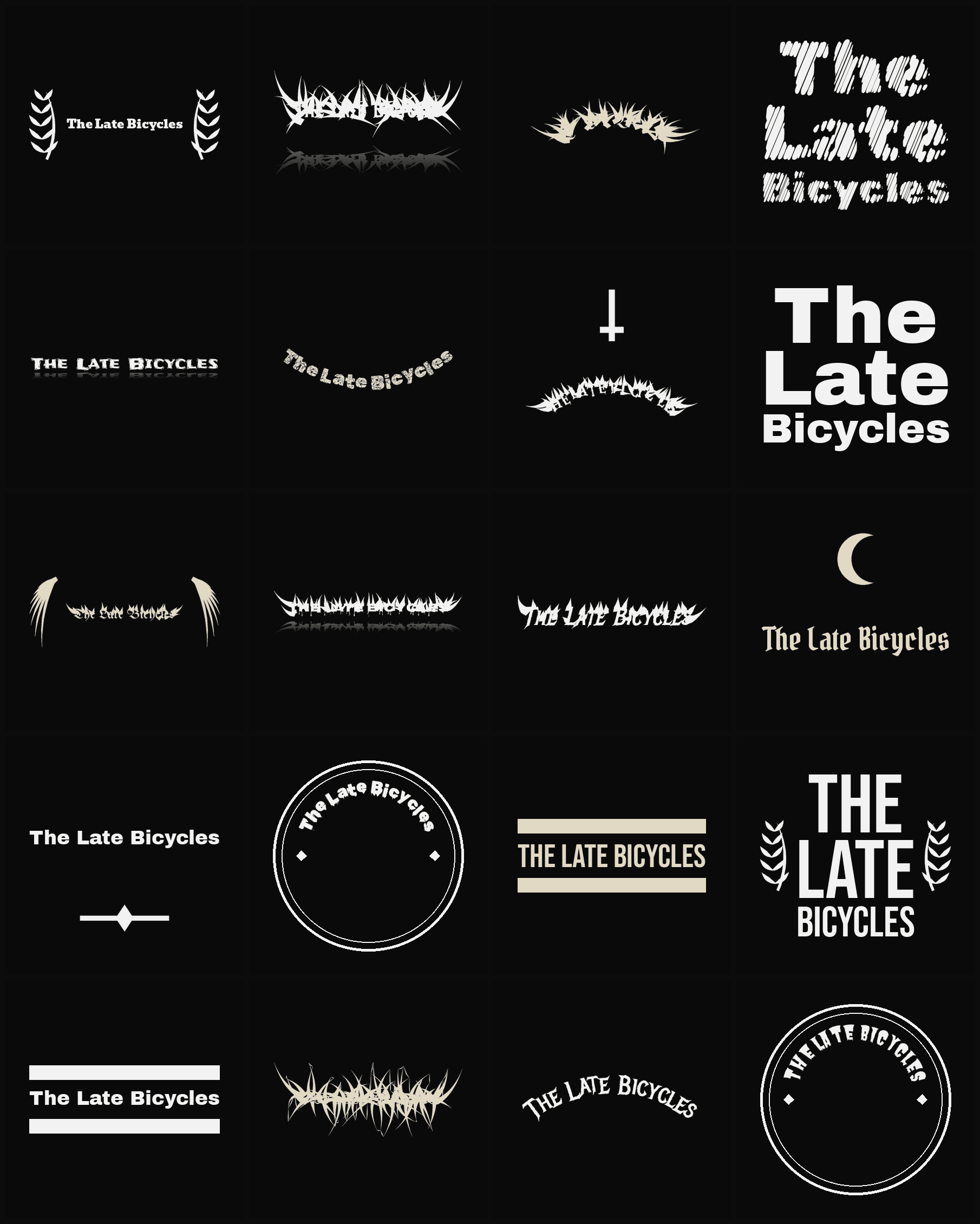Twenty The Late Bicycles band logo ideas — different faces, treatments and spike settings