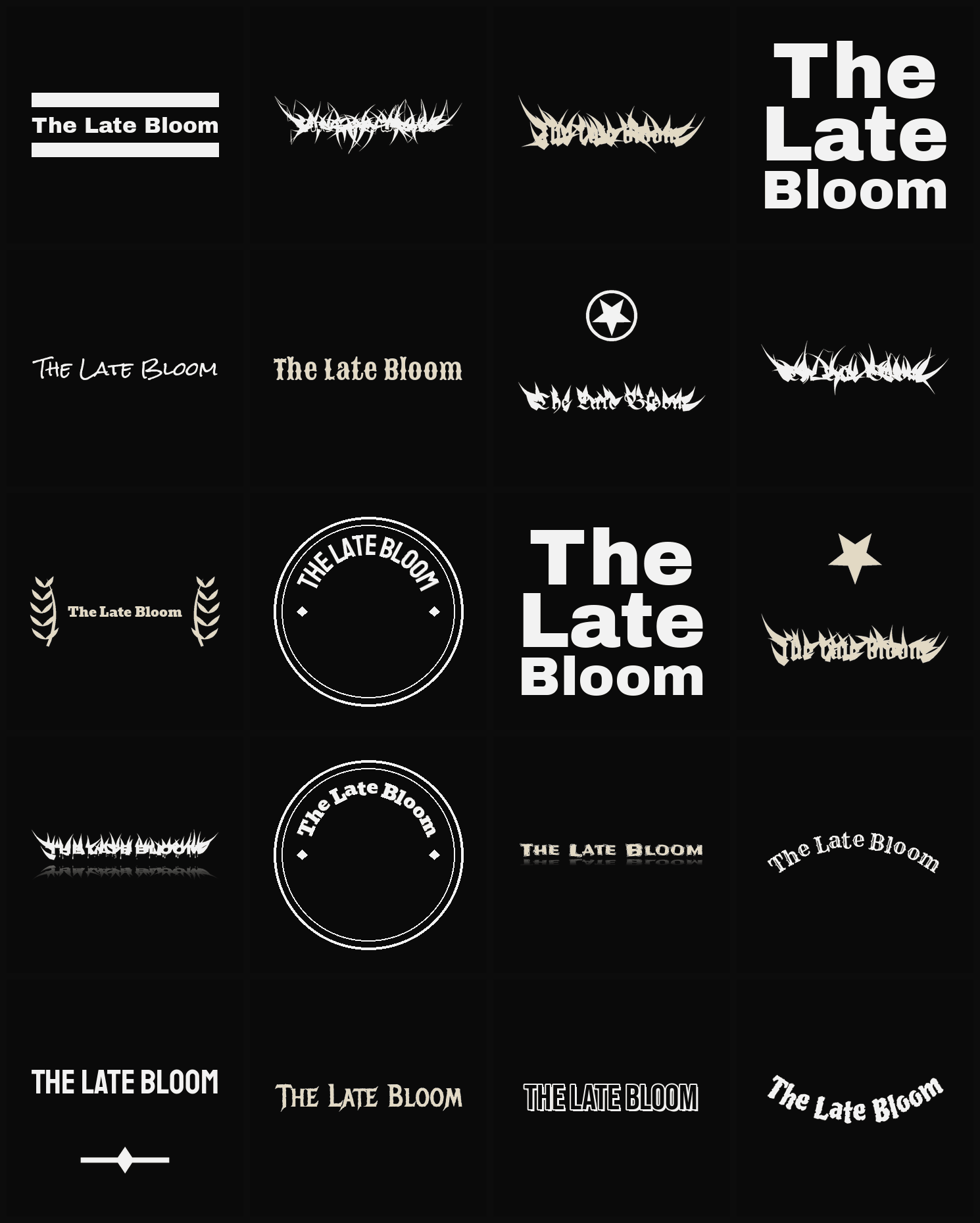 Twenty The Late Bloom band logo ideas — different faces, treatments and spike settings