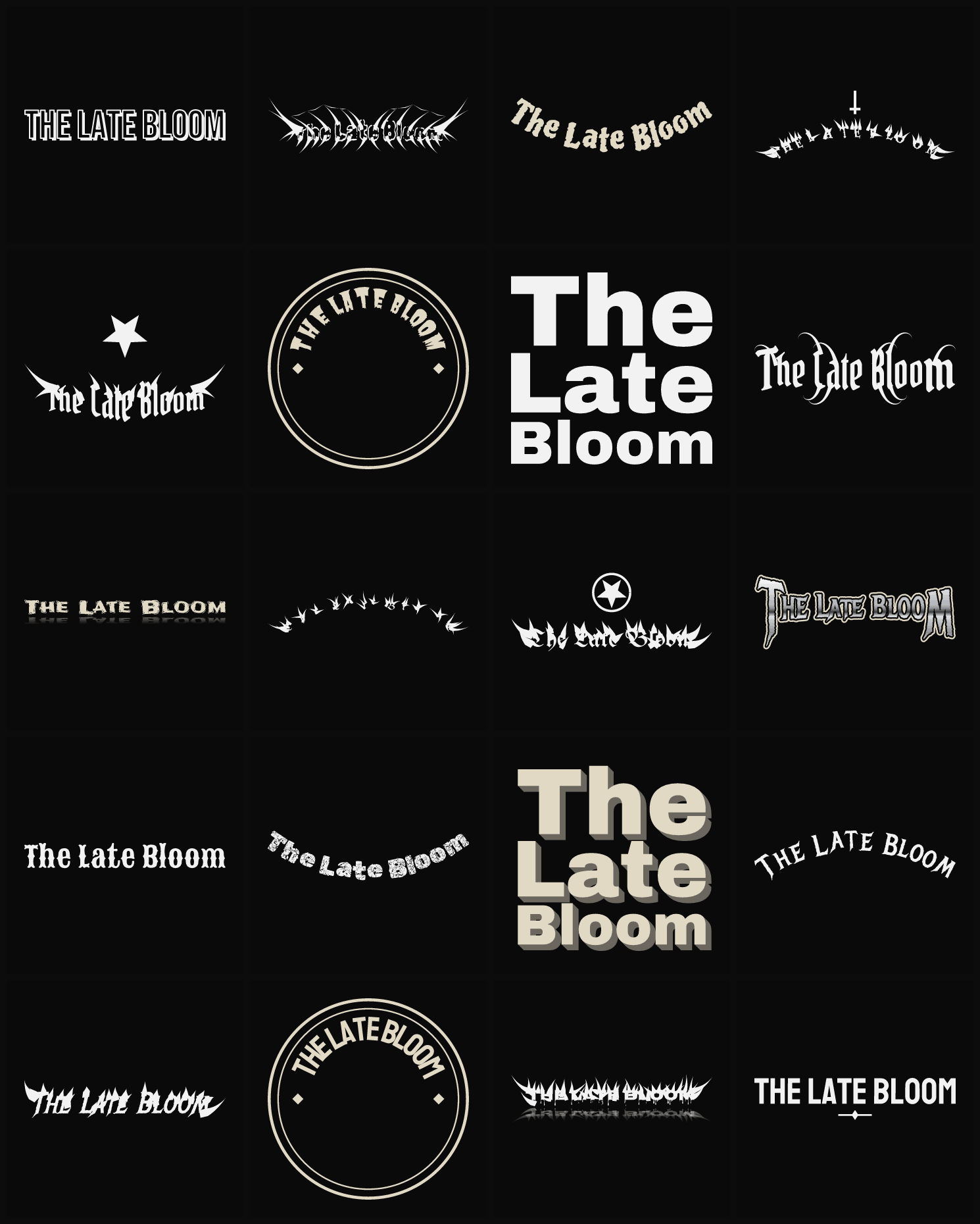 Twenty The Late Bloom band logo ideas — different faces, treatments and spike settings