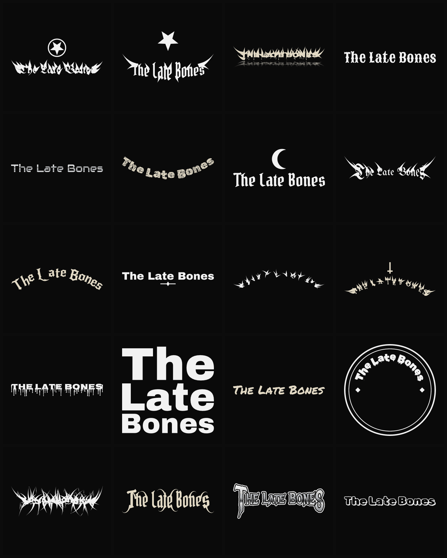 Twenty The Late Bones band logo ideas — different faces, treatments and spike settings