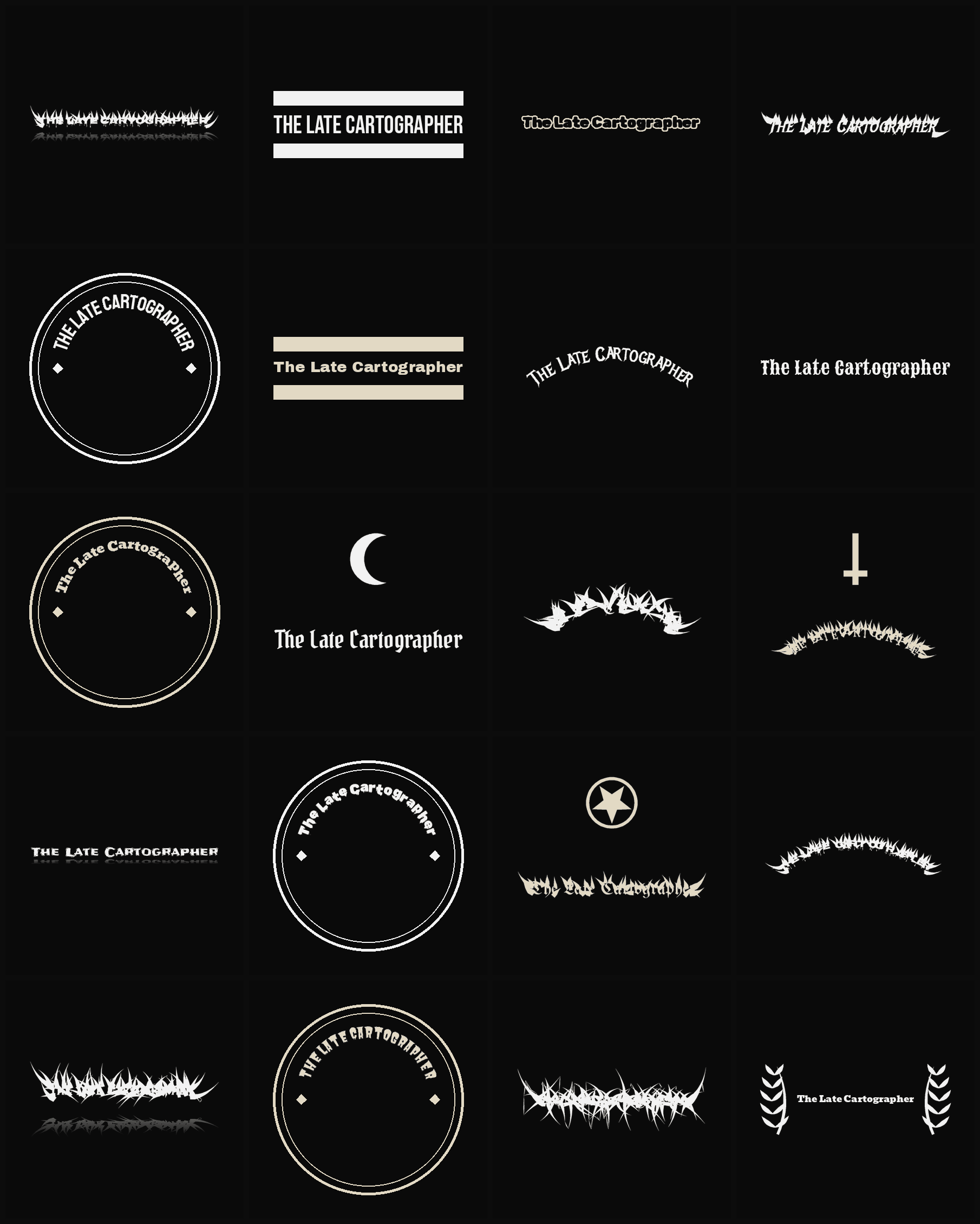Twenty The Late Cartographer band logo ideas — different faces, treatments and spike settings