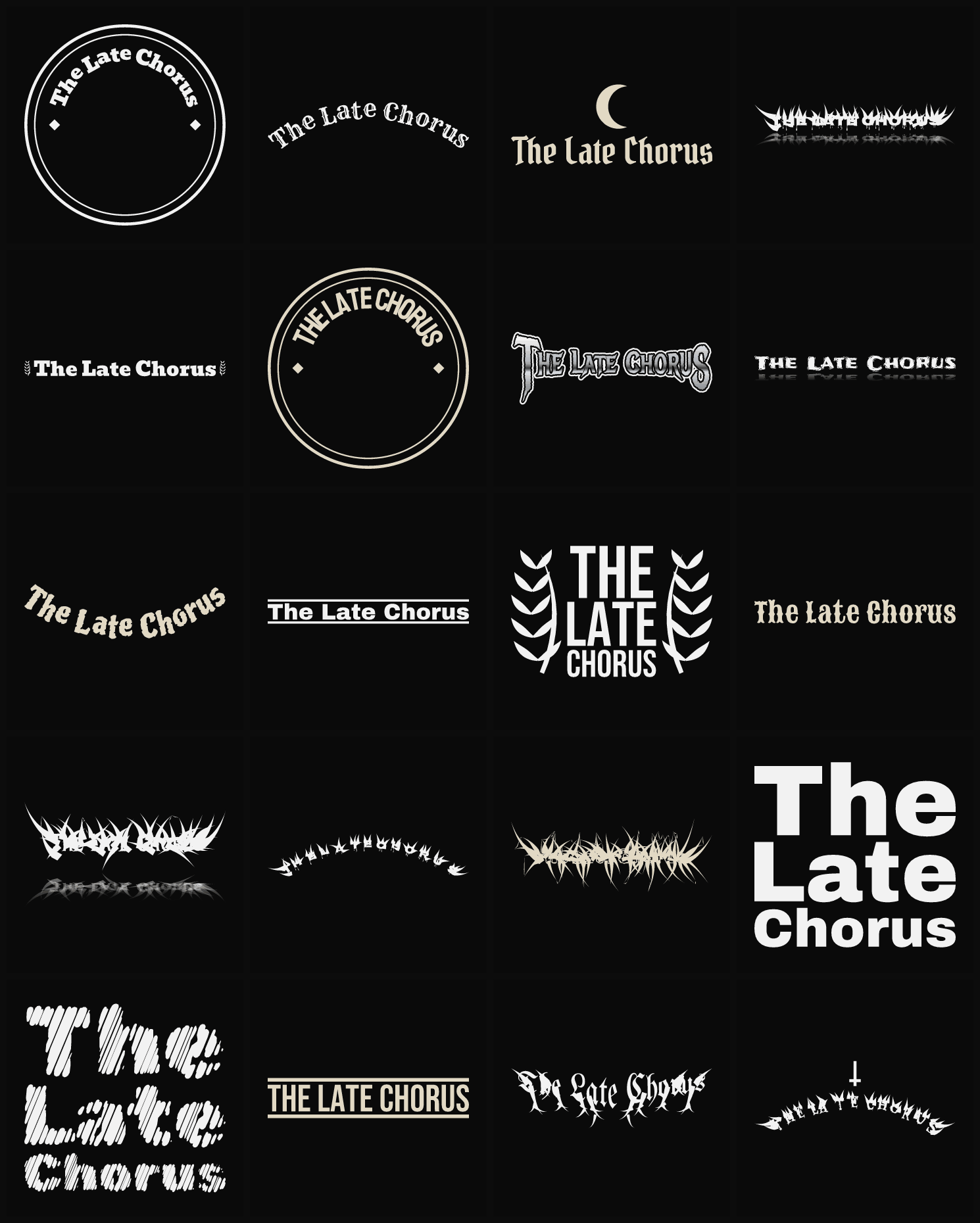 Twenty The Late Chorus band logo ideas — different faces, treatments and spike settings