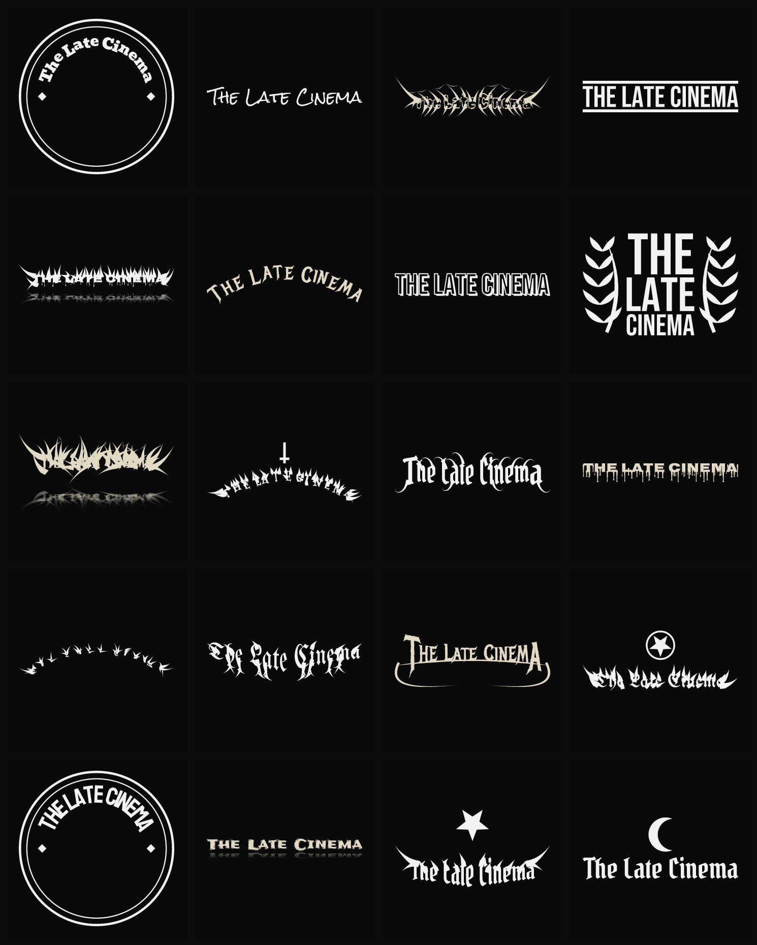 Twenty The Late Cinema band logo ideas — different faces, treatments and spike settings