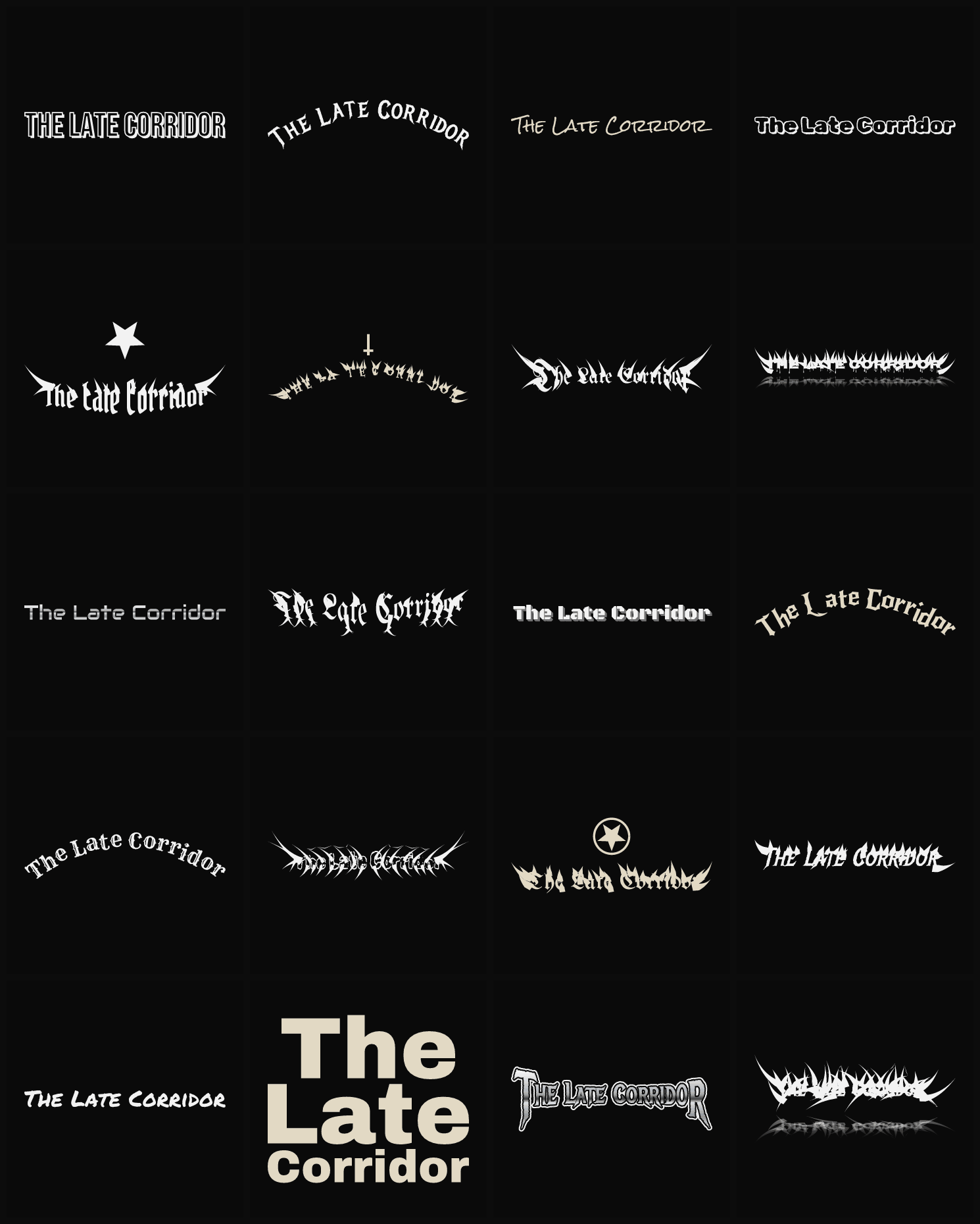 Twenty The Late Corridor band logo ideas — different faces, treatments and spike settings