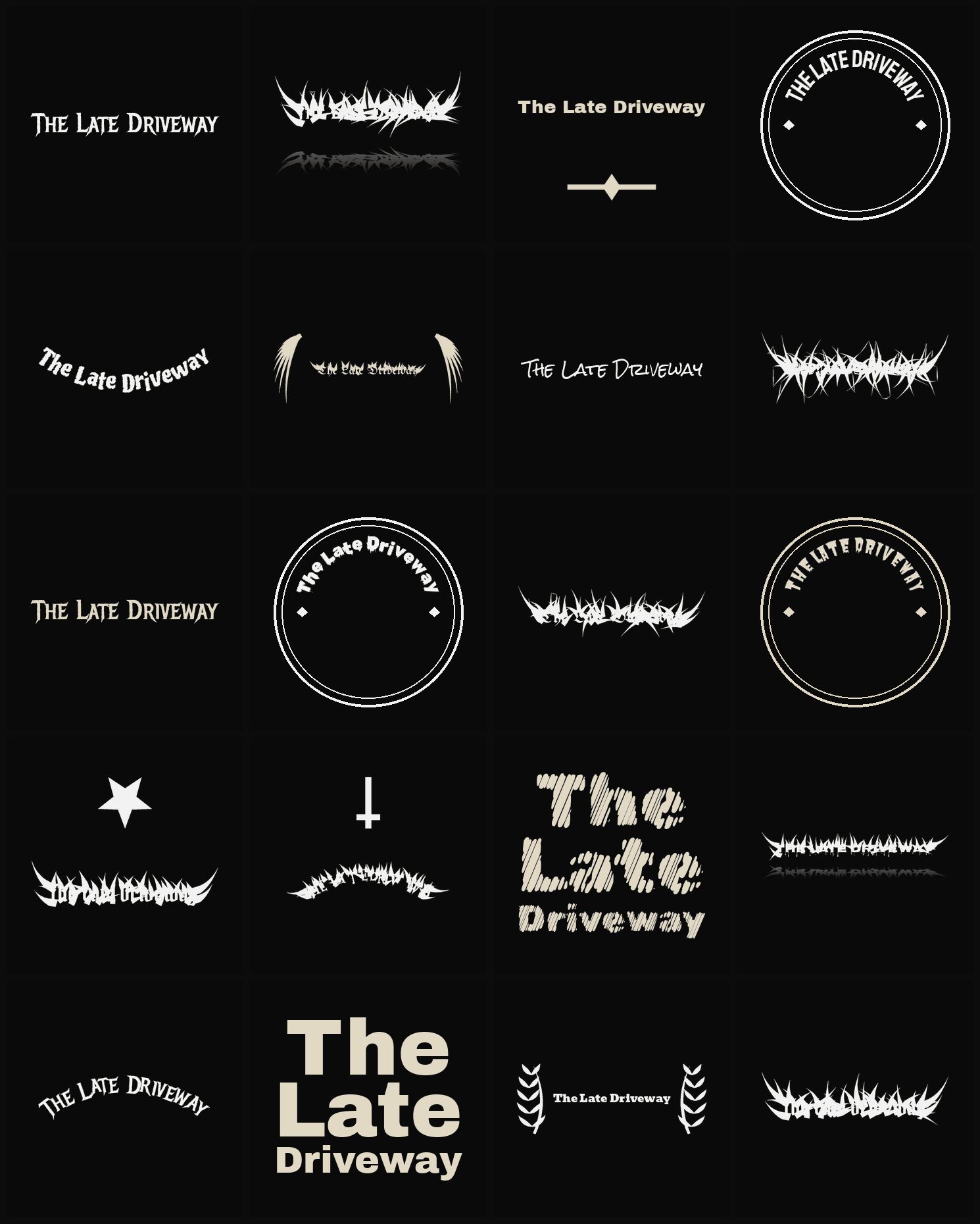 Twenty The Late Driveway band logo ideas — different faces, treatments and spike settings