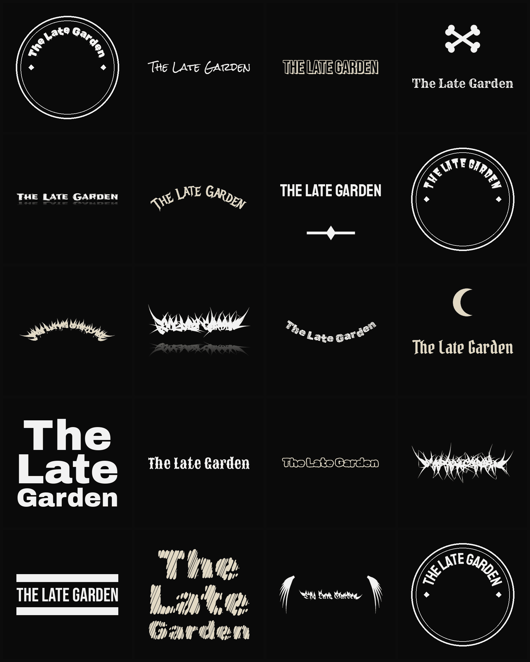 Twenty The Late Garden band logo ideas — different faces, treatments and spike settings