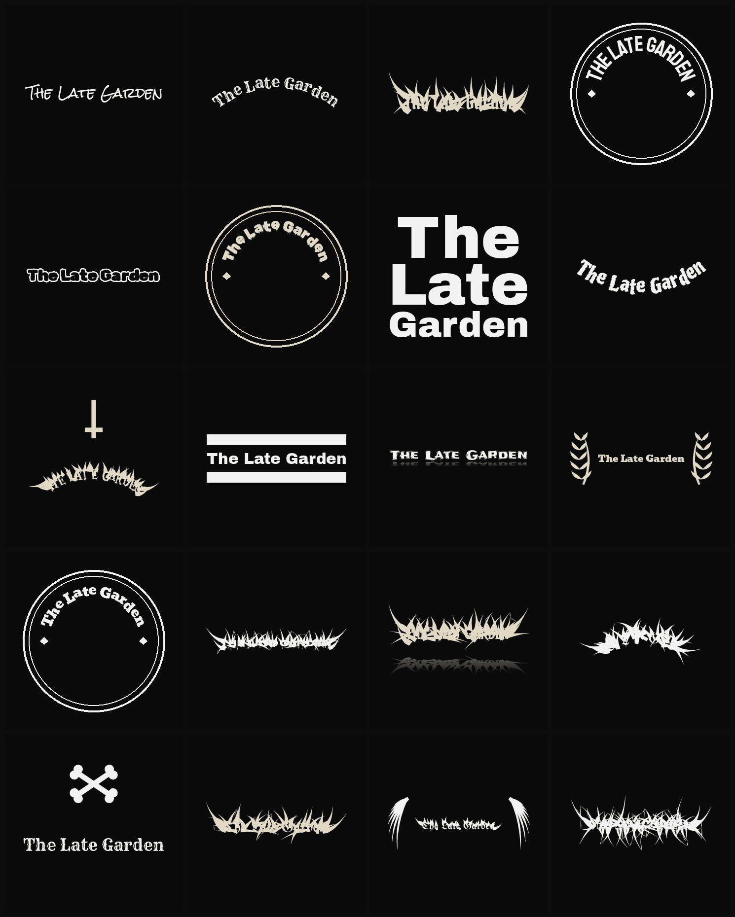 Twenty The Late Garden band logo ideas — different faces, treatments and spike settings