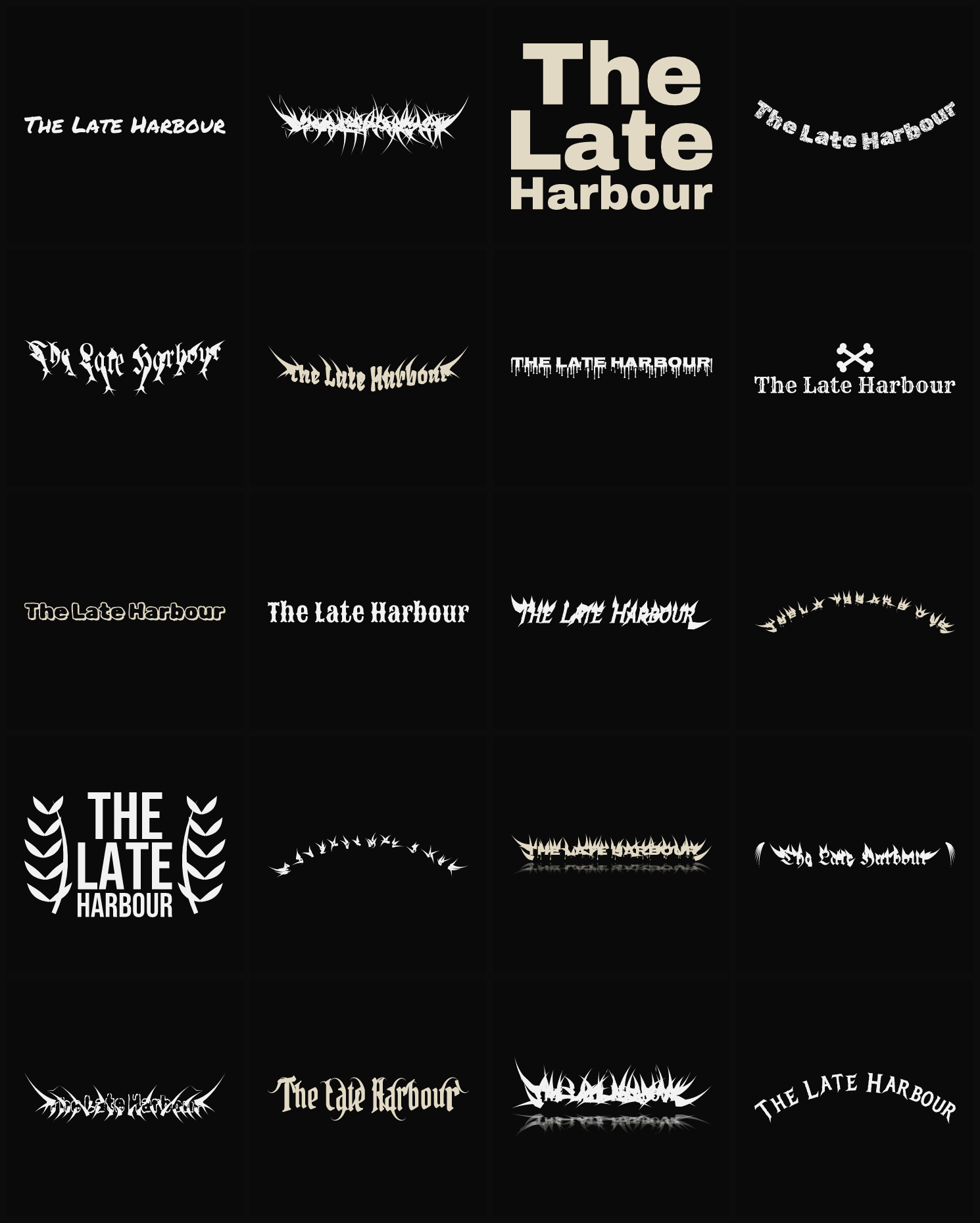 Twenty The Late Harbour band logo ideas — different faces, treatments and spike settings