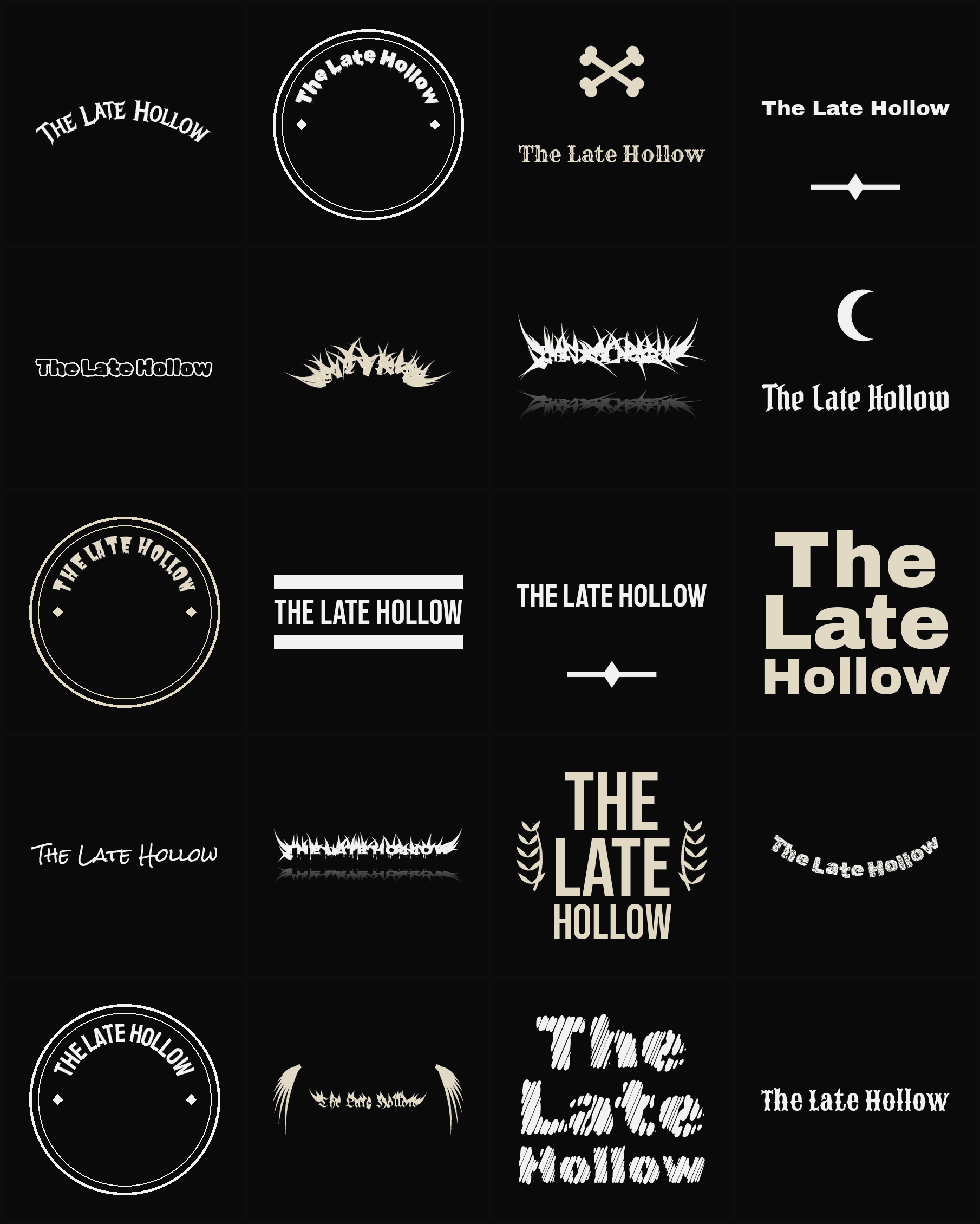 Twenty The Late Hollow band logo ideas — different faces, treatments and spike settings