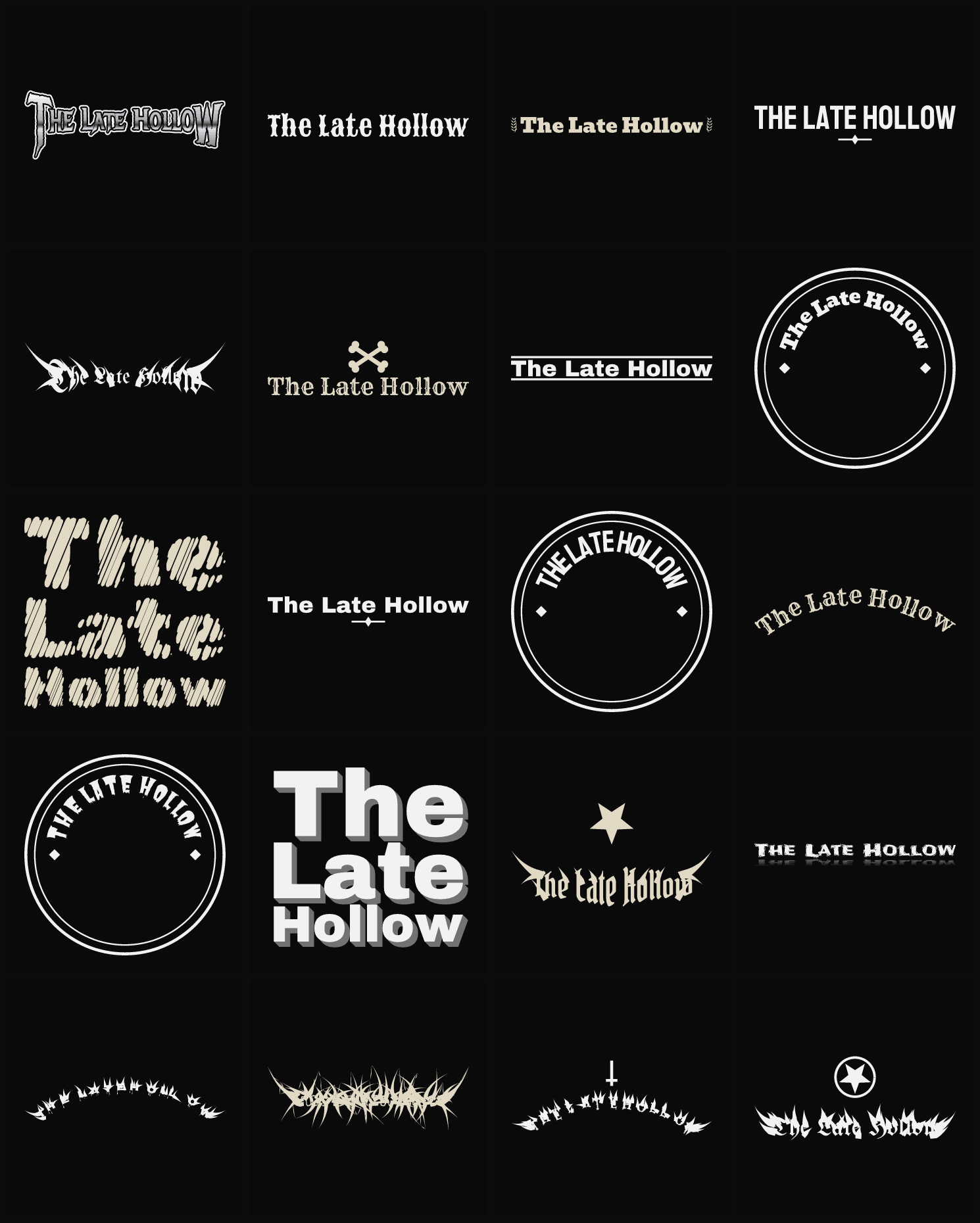 Twenty The Late Hollow band logo ideas — different faces, treatments and spike settings