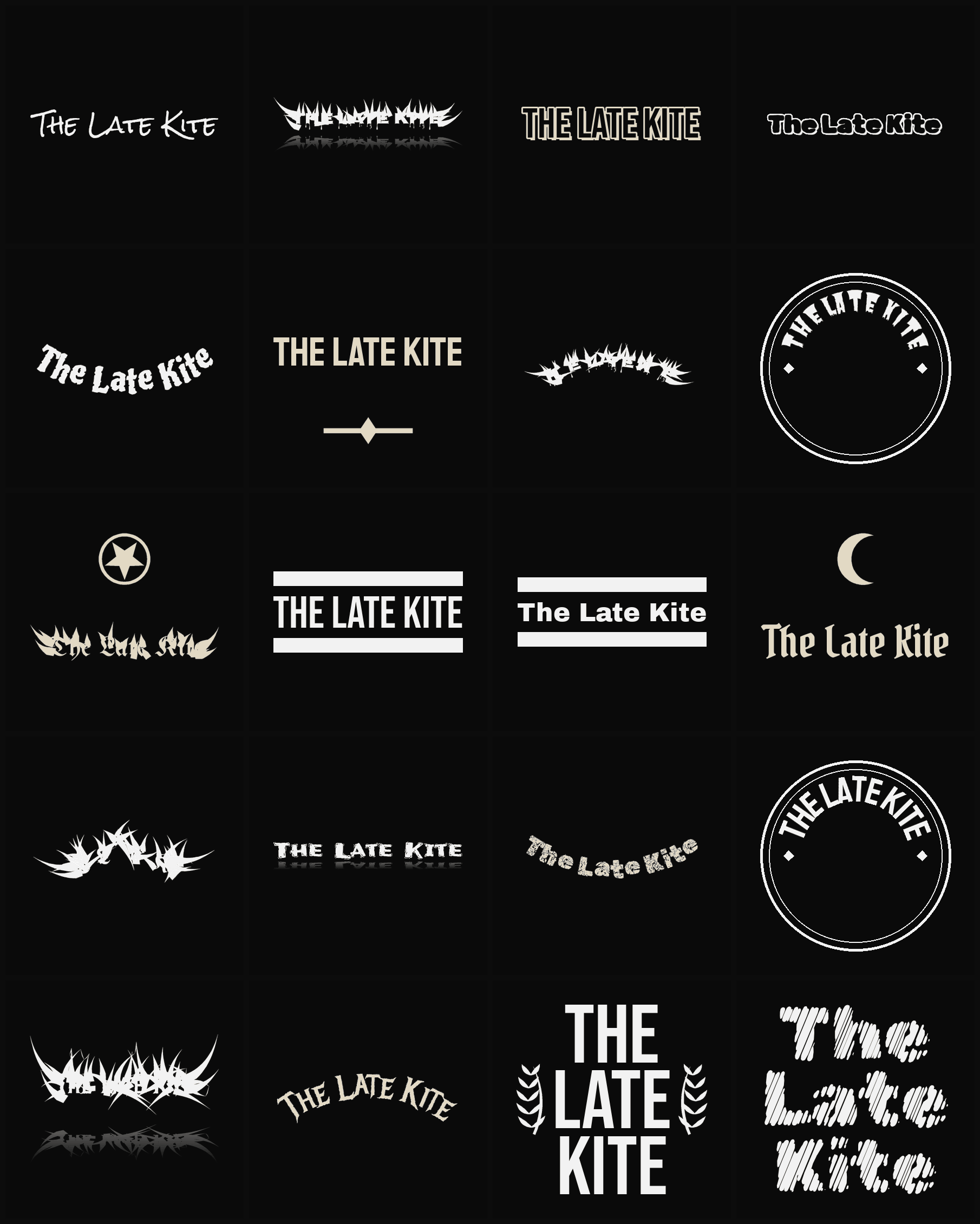 Twenty The Late Kite band logo ideas — different faces, treatments and spike settings