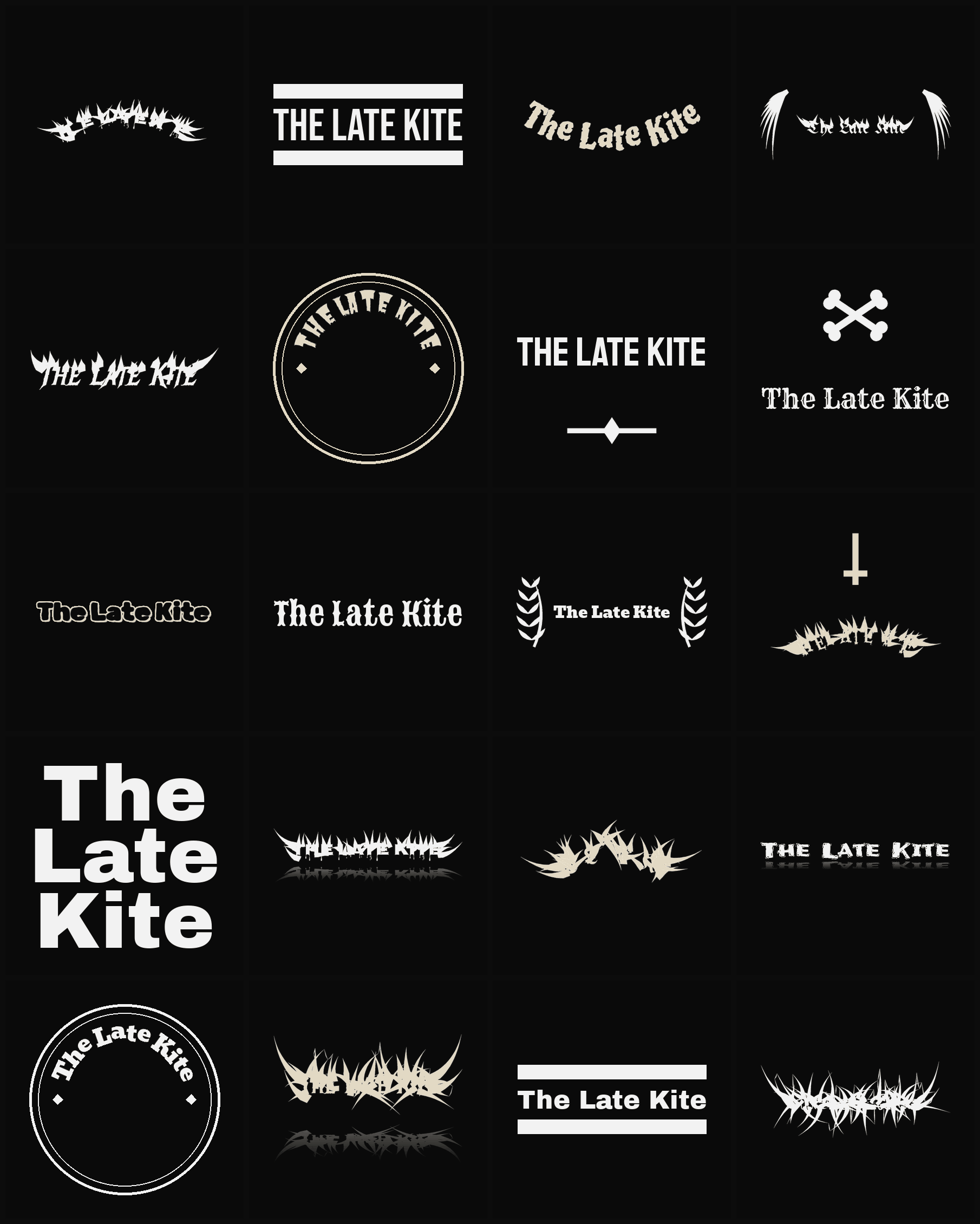 Twenty The Late Kite band logo ideas — different faces, treatments and spike settings