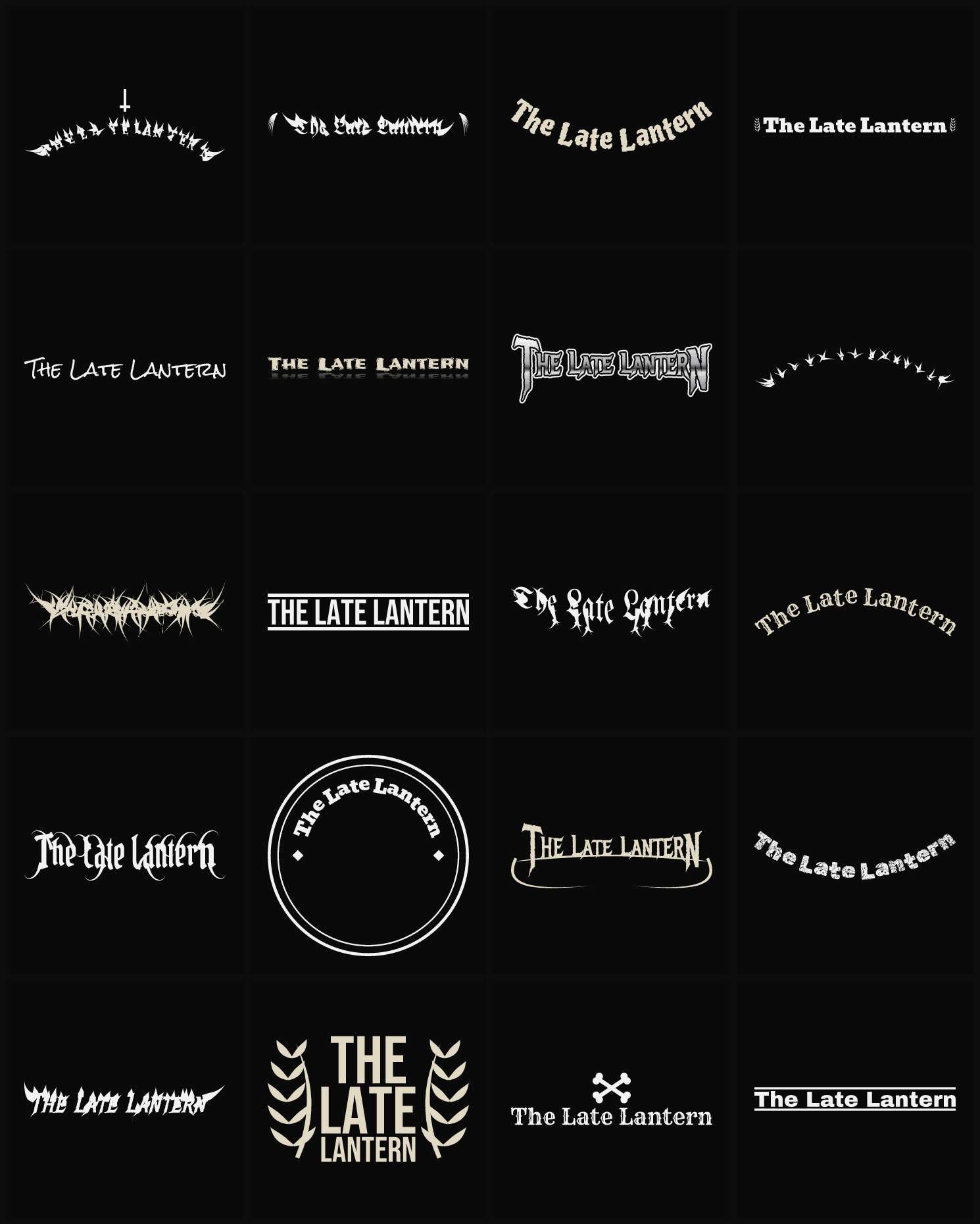 Twenty The Late Lantern band logo ideas — different faces, treatments and spike settings