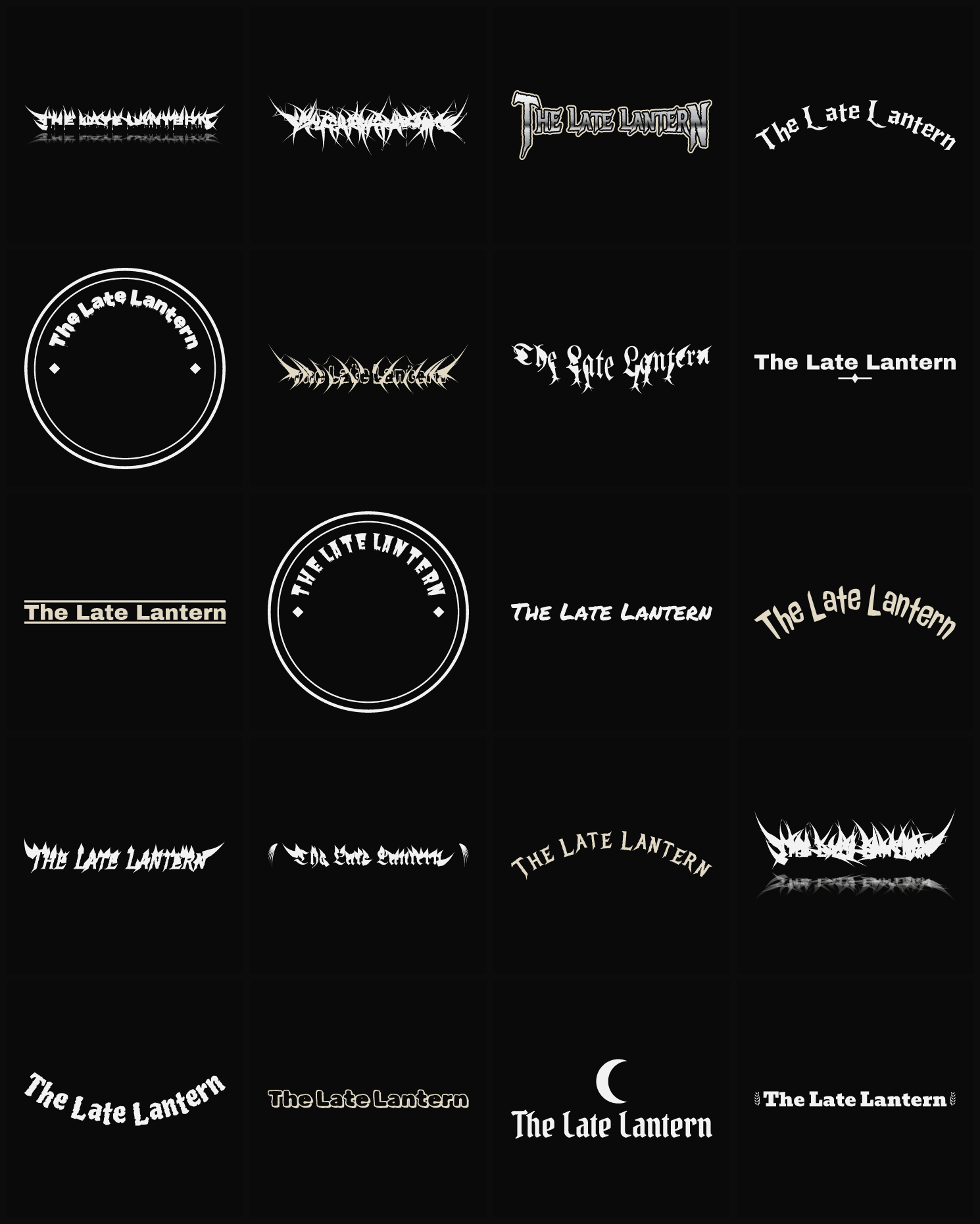 Twenty The Late Lantern band logo ideas — different faces, treatments and spike settings